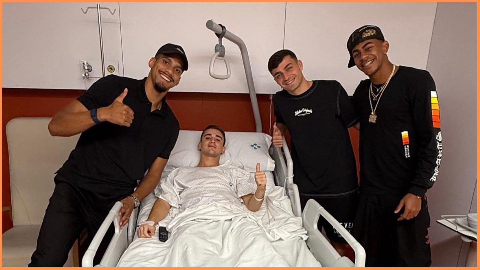 Barcelona midfielder Gavi poses in bed after surgery with teammates Pedri, Lamine Yamal and Ronald Araujo standing around him.