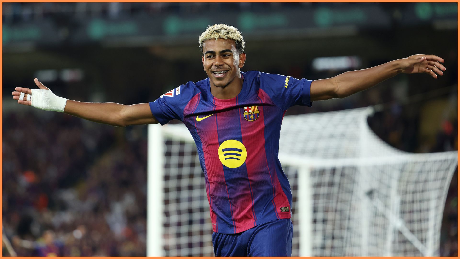 Lamine Yamal of FC Barcelona celebrates his teams second goal scored by Robert Lewandowski of FC Barcelona (not pictured) during the LaLiga EA Sports match between FC Barcelona and Real Sociedad at Estadi Olimpic Lluis Companys.
