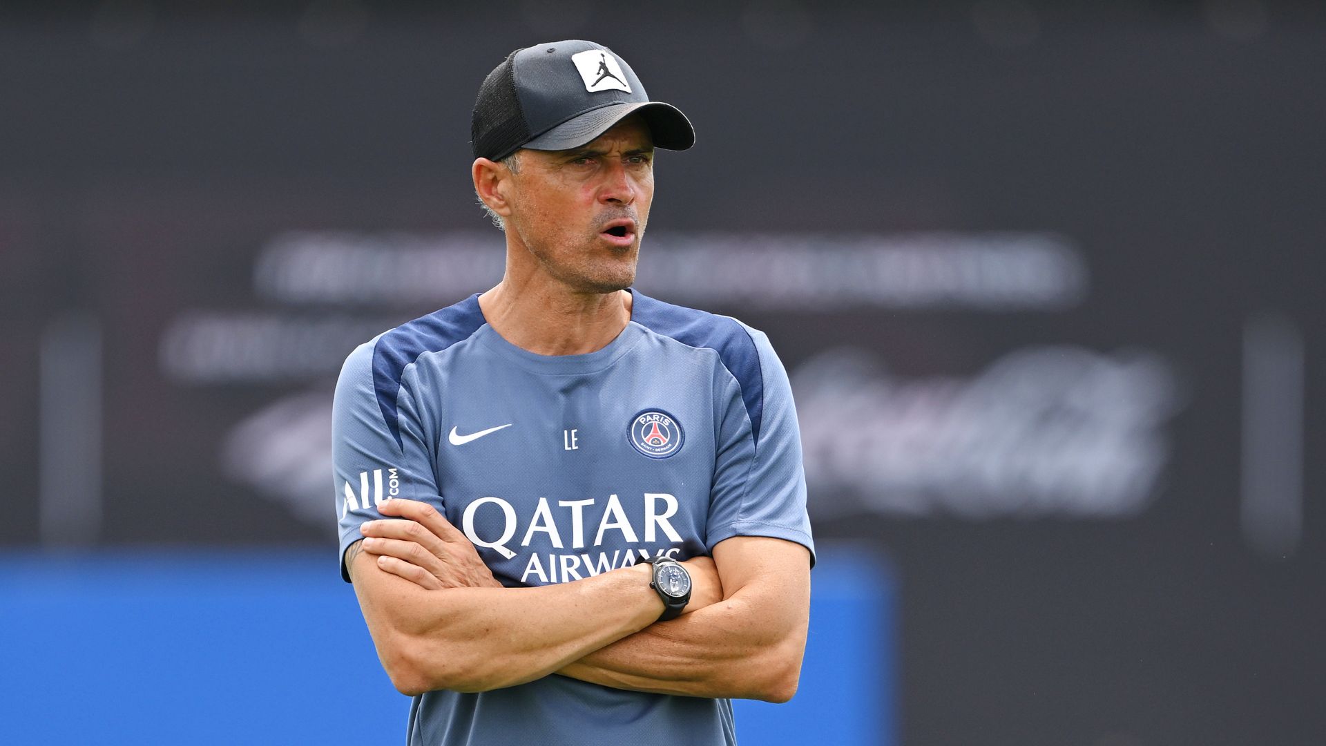 PISCATAWAY, NEW JERSEY - JULY 11: Luis Enrique, Head Coach of PSG, looks on during a Paris Saint-Germain Training Session ahead of their FIFA Club World Cup 2025 Final match between Chelsea FC and Paris Saint-Germain at Rutgers University on July 11, 2025 in Piscataway, New Jersey.
