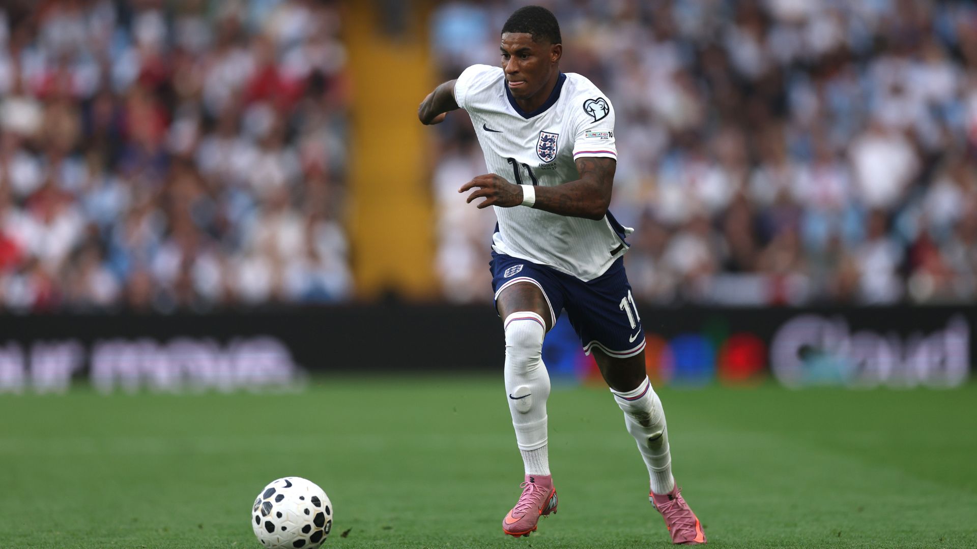 BIRMINGHAM, ENGLAND - SEPTEMBER 06: Marcus Rashford of England controls the ball during the FIFA World Cup 2026 qualifier match between England and Andorra at Villa Park on September 06, 2025 in Birmingham, England.