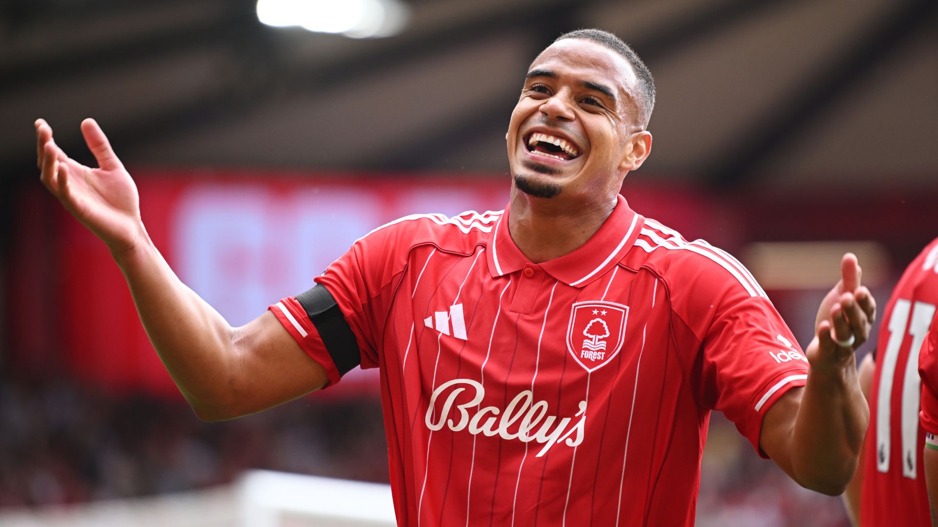 NOTTINGHAM, ENGLAND - AUGUST 17: Murillo of Nottingham Forest celebrates his team scoring their third goal scored by Chris Wood (not pictured) during the Premier League match between Nottingham Forest and Brentford at City Ground on August 17, 2025 in Nottingham, England.