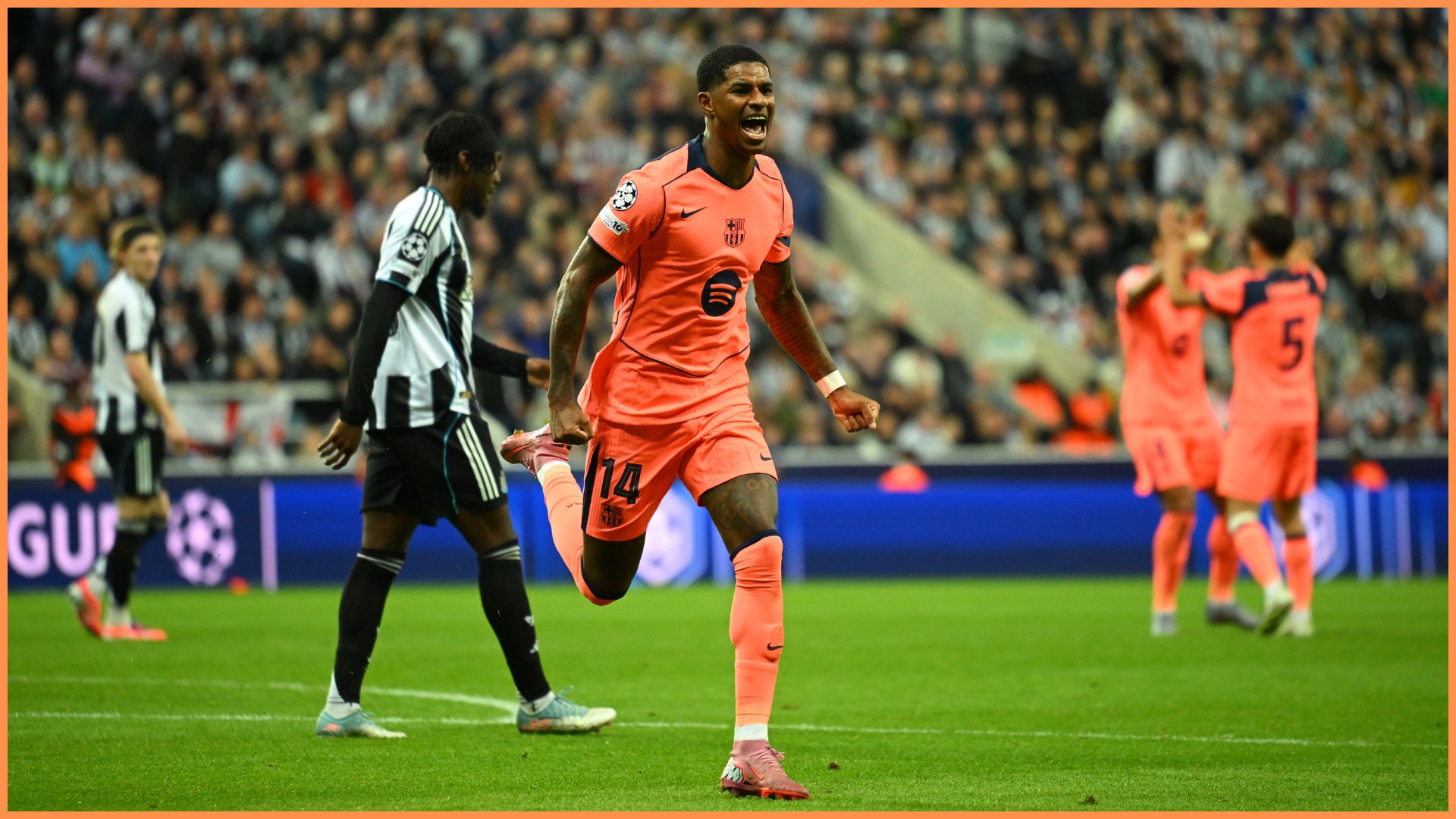 NEWCASTLE UPON TYNE, ENGLAND - SEPTEMBER 18: Marcus Rashford of FC Barcelona celebrates scoring his team's first goal during the UEFA Champions League 2025/26 League Phase MD1 match between Newcastle United FC and FC Barcelona at St James' Park on September 18, 2025 in Newcastle upon Tyne, England.