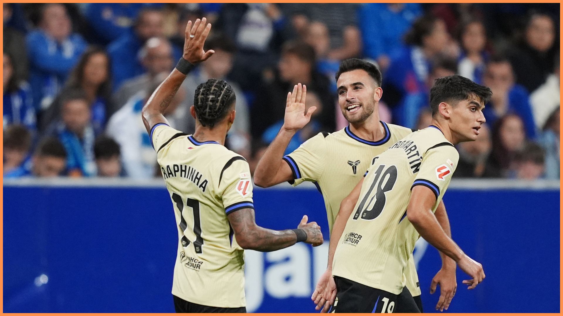 Eric Garcia of FC Barcelona (second from left) celebrates scoring his sides first goal with teammates Raphinha and Gerard Martin during the LaLiga EA Sports match between Real Oviedo and FC Barcelona at Carlos Tartiere.