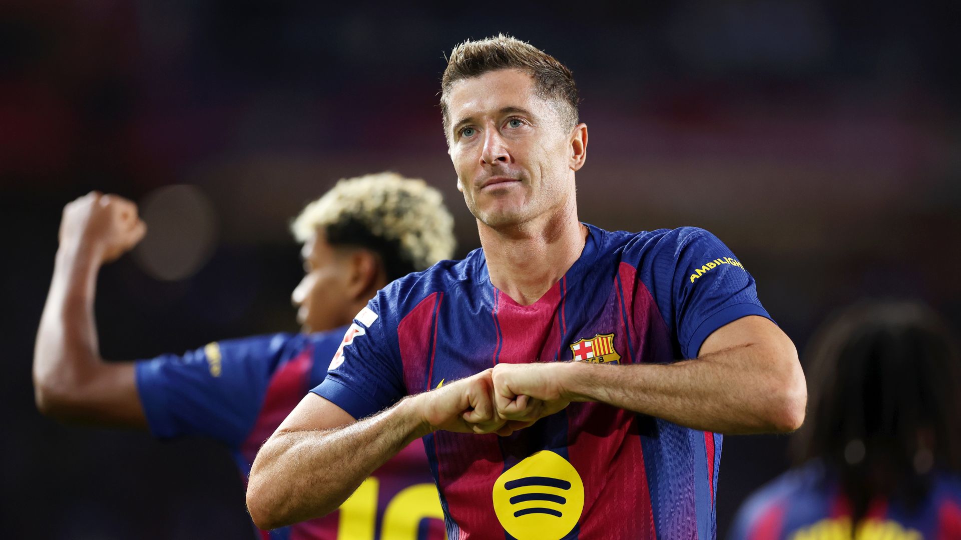 BARCELONA, SPAIN - SEPTEMBER 28: Robert Lewandowski of FC Barcelona celebrates scoring his team's second goal during the LaLiga EA Sports match between FC Barcelona and Real Sociedad at Estadi Olimpic Lluis Companys on September 28, 2025 in Barcelona, Spain.