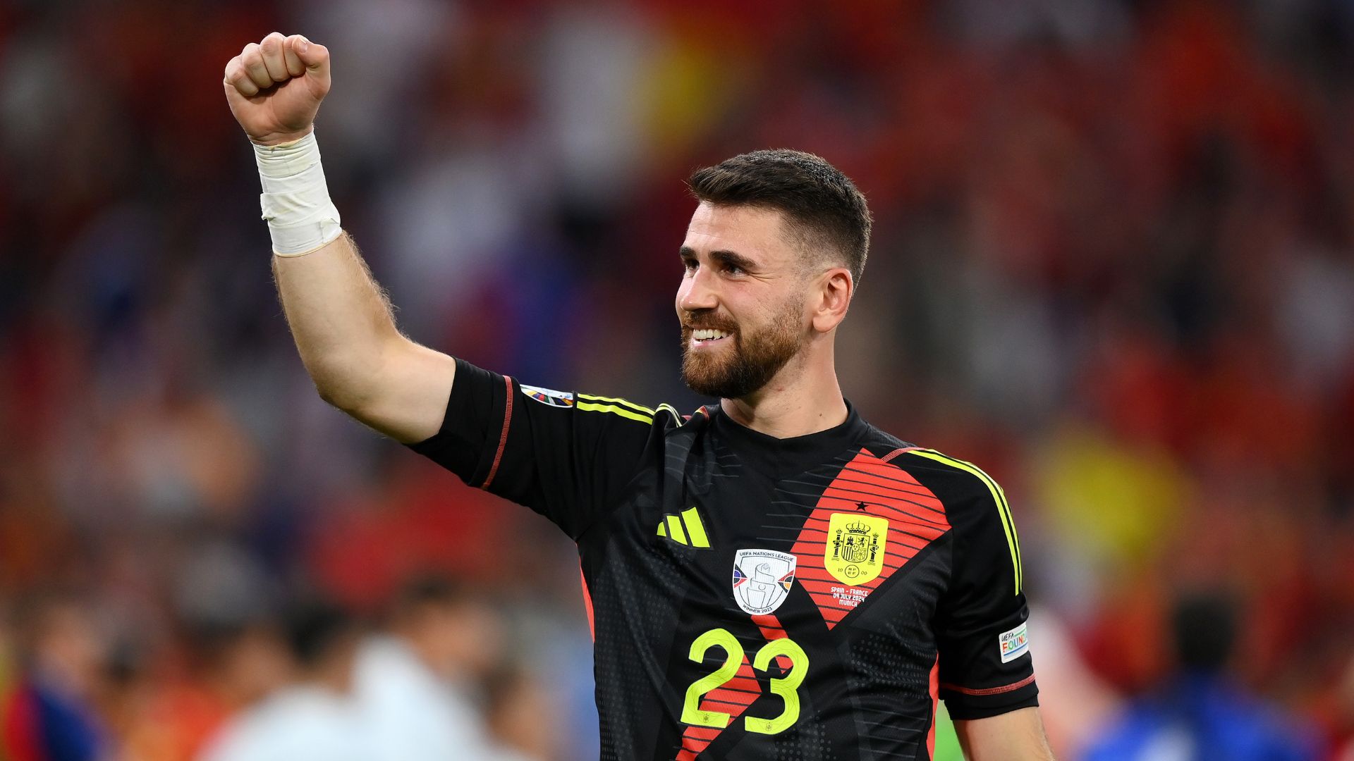 MUNICH, GERMANY - JULY 09: Unai Simon of Spain celebrates victory after defeating France during the UEFA EURO 2024 Semi-Final match between Spain and France at Munich Football Arena on July 09, 2024 in Munich, Germany.
