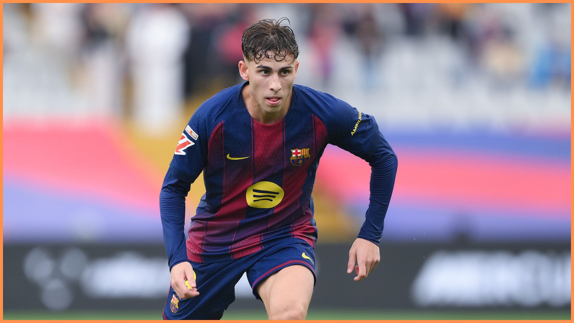 BARCELONA, SPAIN - OCTOBER 18: Fermin Lopez of FC Barcelona runs with the ball during the LaLiga EA Sports match between FC Barcelona and Girona FC at Spotify Camp Nou on October 18, 2025 in Barcelona, Spain.