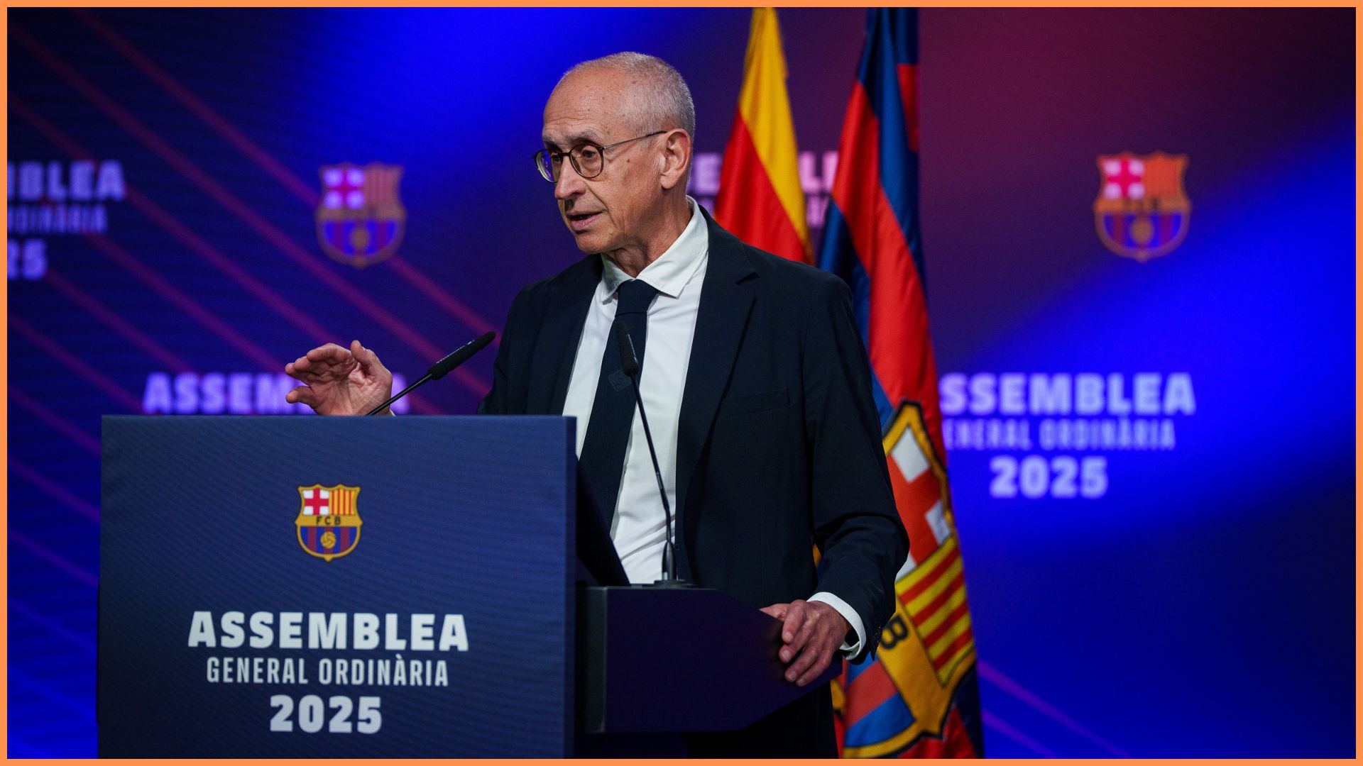 FC Barcelona treasurer Ferran Olive addressing Ordinary General Assembly.