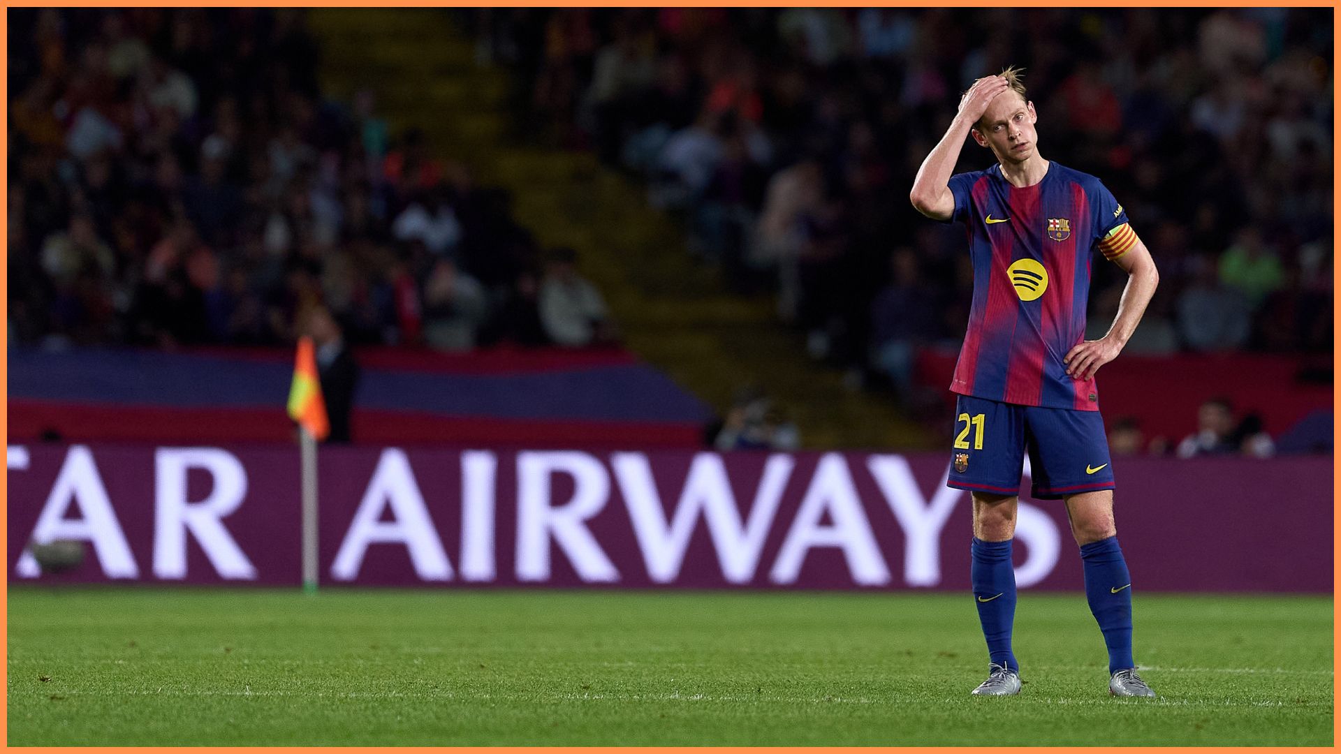 Frenkie de Jong of FC Barcelona reacts during the UEFA Champions League 2025/26 League Phase MD2 match between FC Barcelona and Paris Saint-Germain at Estadi Olimpic Lluis Companys.