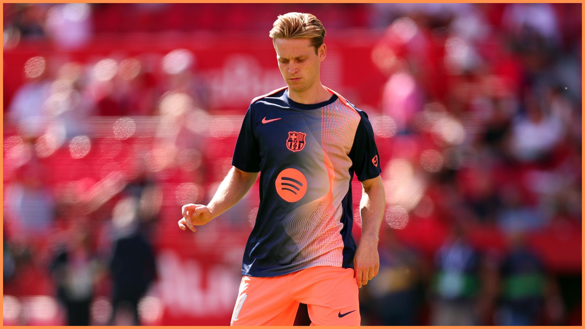 SEVILLE, SPAIN - OCTOBER 05: Frenkie de Jong of FC Barcelona warms up prior to the LaLiga EA Sports match between Sevilla FC and FC Barcelona at Estadio Ramon Sanchez Pizjuan on October 05, 2025 in Seville, Spain.