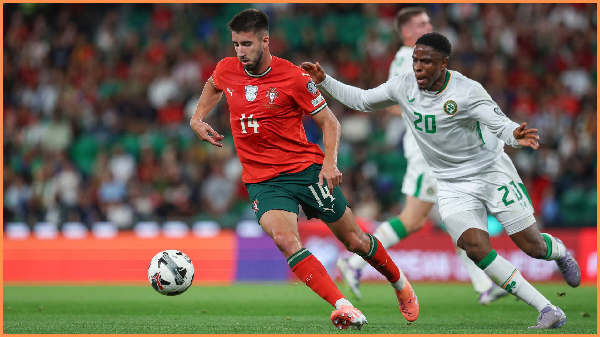 LISBON, PORTUGAL - OCTOBER 11: Goncalo Inacio of Portugal (L) tries to escape Chiedozie Ogbene of Republic of Ireland (R) during the FIFA World Cup 2026 qualifier match between Portugal and Republic of Ireland at Estadio Jose Alvalade on October 11, 2025 in Lisbon, Portugal.