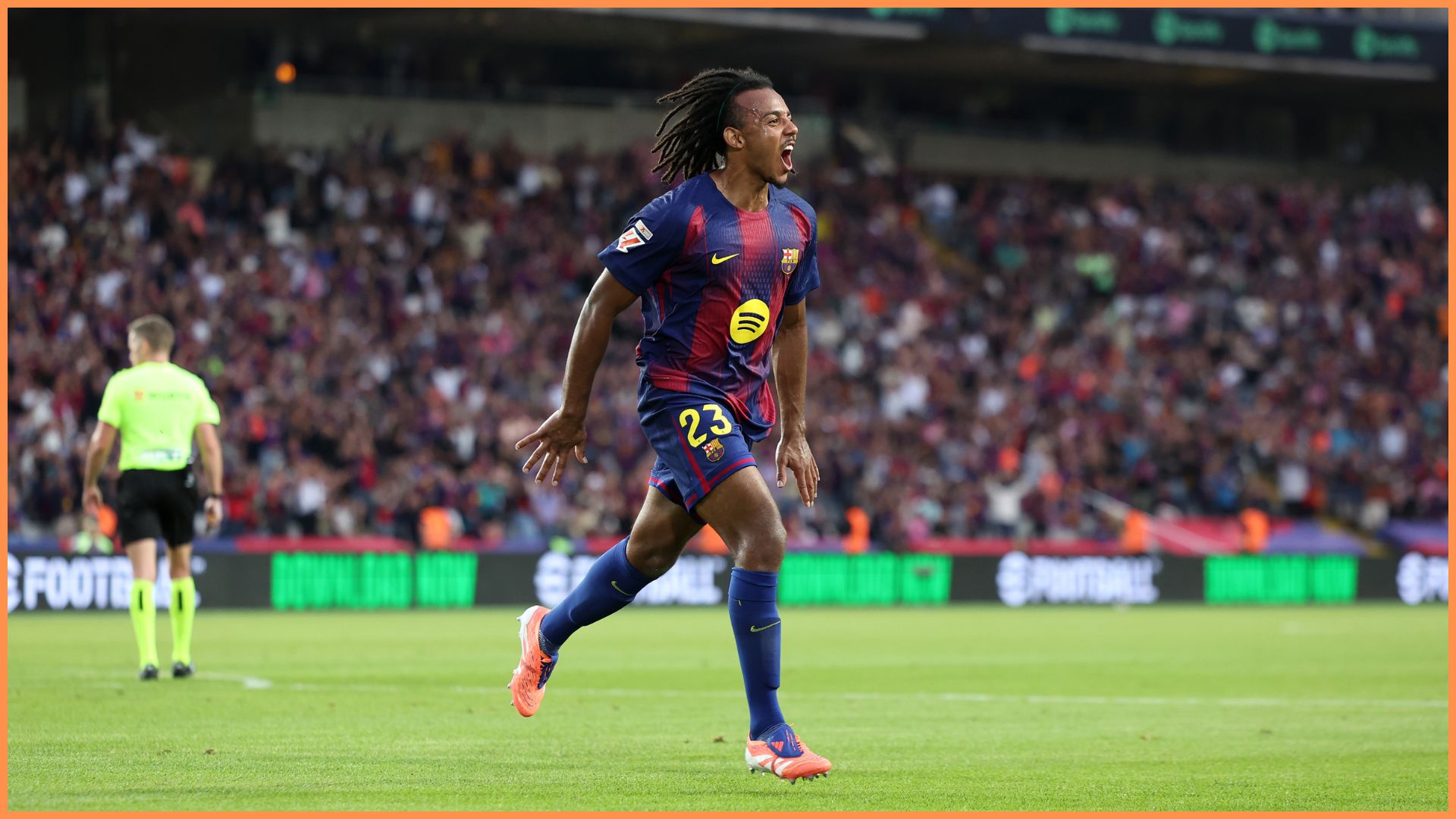 BARCELONA, SPAIN - SEPTEMBER 28: Jules Kounde of FC Barcelona celebrates scoring his team's first goal during the LaLiga EA Sports match between FC Barcelona and Real Sociedad at Estadi Olimpic Lluis Companys on September 28, 2025 in Barcelona, Spain.