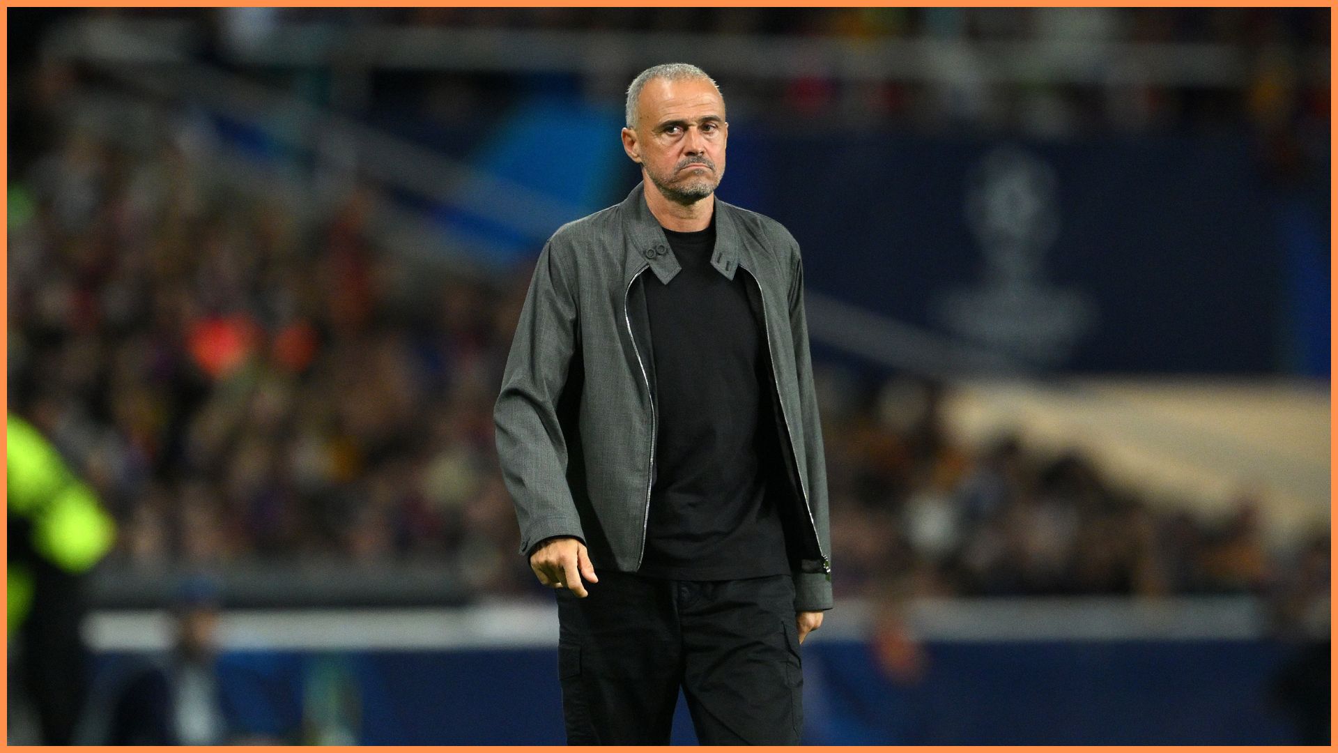 Luis Enrique, Head Coach of Paris Saint-Germain, looks on prior to the UEFA Champions League 2025/26 League Phase MD2 match between FC Barcelona and Paris Saint-Germain at Estadi Olimpic Lluis Companys.