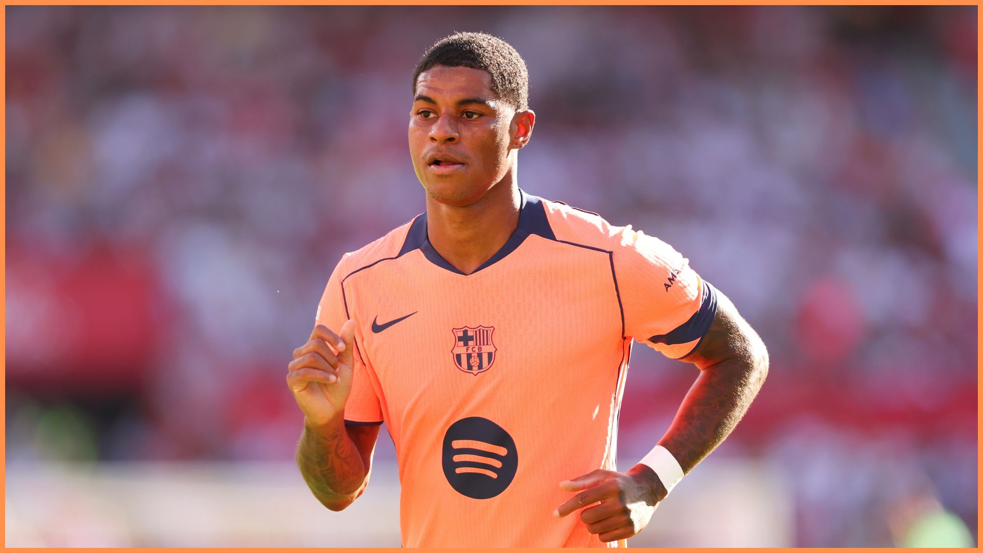 SEVILLE, SPAIN - OCTOBER 05: Marcus Rashford of FC Barcelona looks on during the LaLiga EA Sports match between Sevilla FC and FC Barcelona at Estadio Ramon Sanchez Pizjuan on October 05, 2025 in Seville, Spain.