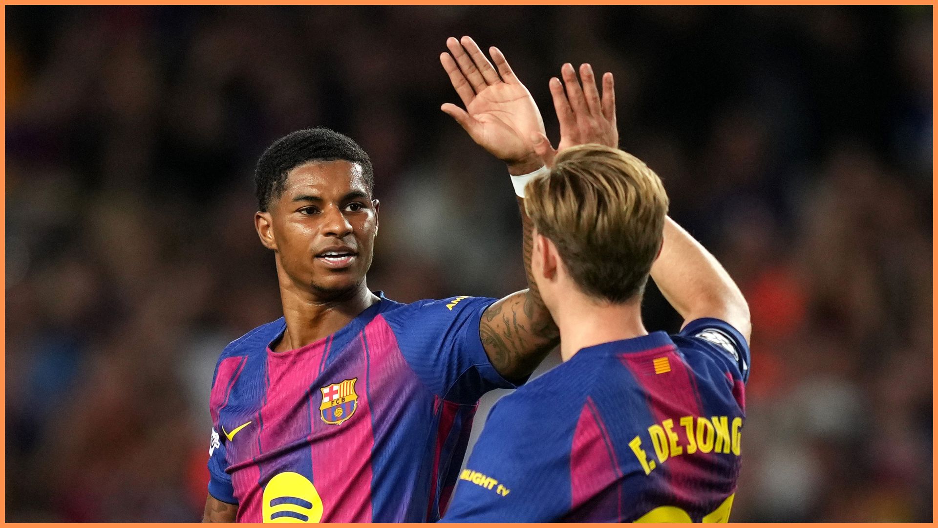BARCELONA, SPAIN - OCTOBER 21: Marcus Rashford of FC Barcelona celebrates with teammate Frenkie de Jong after scoring his team's sixth goal during the UEFA Champions League 2025/26 League Phase MD3 match between FC Barcelona and Olympiacos FC at Estadi Olimpic Lluis Companys on October 21, 2025 in Barcelona, Spain.