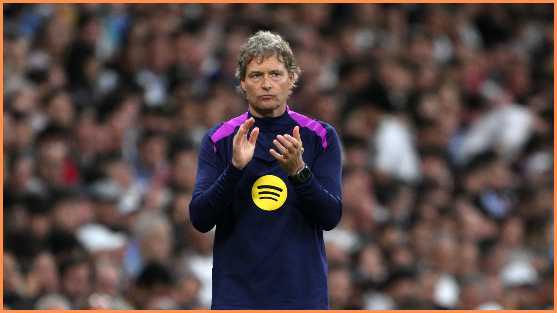 MADRID, SPAIN - OCTOBER 26: Marcus Sorg, Assistant Coach of FC Barcelona, applauds during the LaLiga EA Sports match between Real Madrid CF and FC Barcelona at Estadio Santiago Bernabeu on October 26, 2025 in Madrid, Spain. FC Barcelona assistant coach Marcus Sorg will serve as interim-head coach whilst Hansi Flick, Head Coach of FC Barcelona, (not pictured) serves a touchline ban.