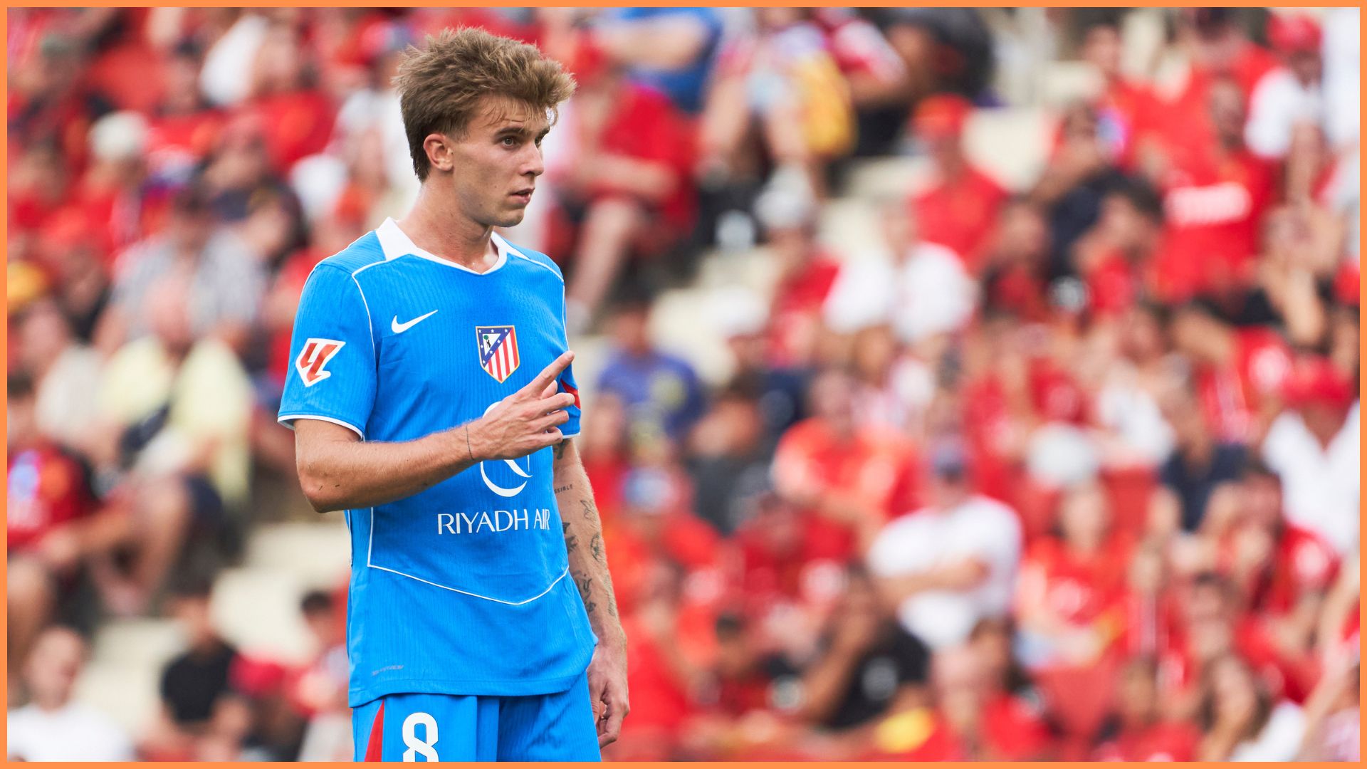 Pablo Barrios of Atletico Madrid gestures during the LaLiga EA Sports match between RCD Mallorca and Atletico de Madrid at Estadio de Son Moix.