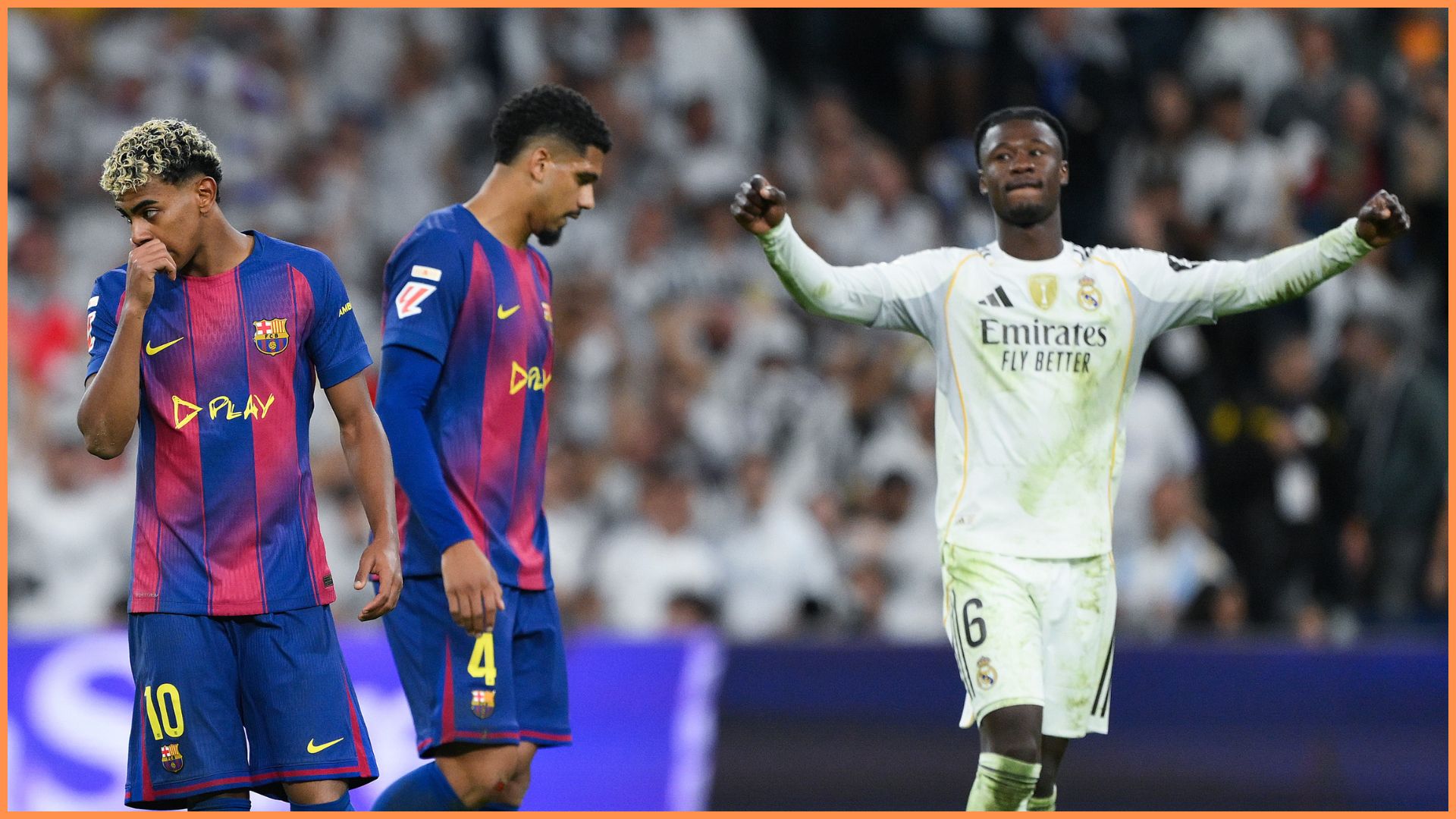 MADRID, SPAIN - OCTOBER 26: Eduardo Camavinga of Real Madrid celebrates next Lamine Yamal and Ronald Araujo of FC Barcelona at the end of the LaLiga EA Sports match between Real Madrid CF and FC Barcelona at Estadio Santiago Bernabeu on October 26, 2025 in Madrid, Spain.