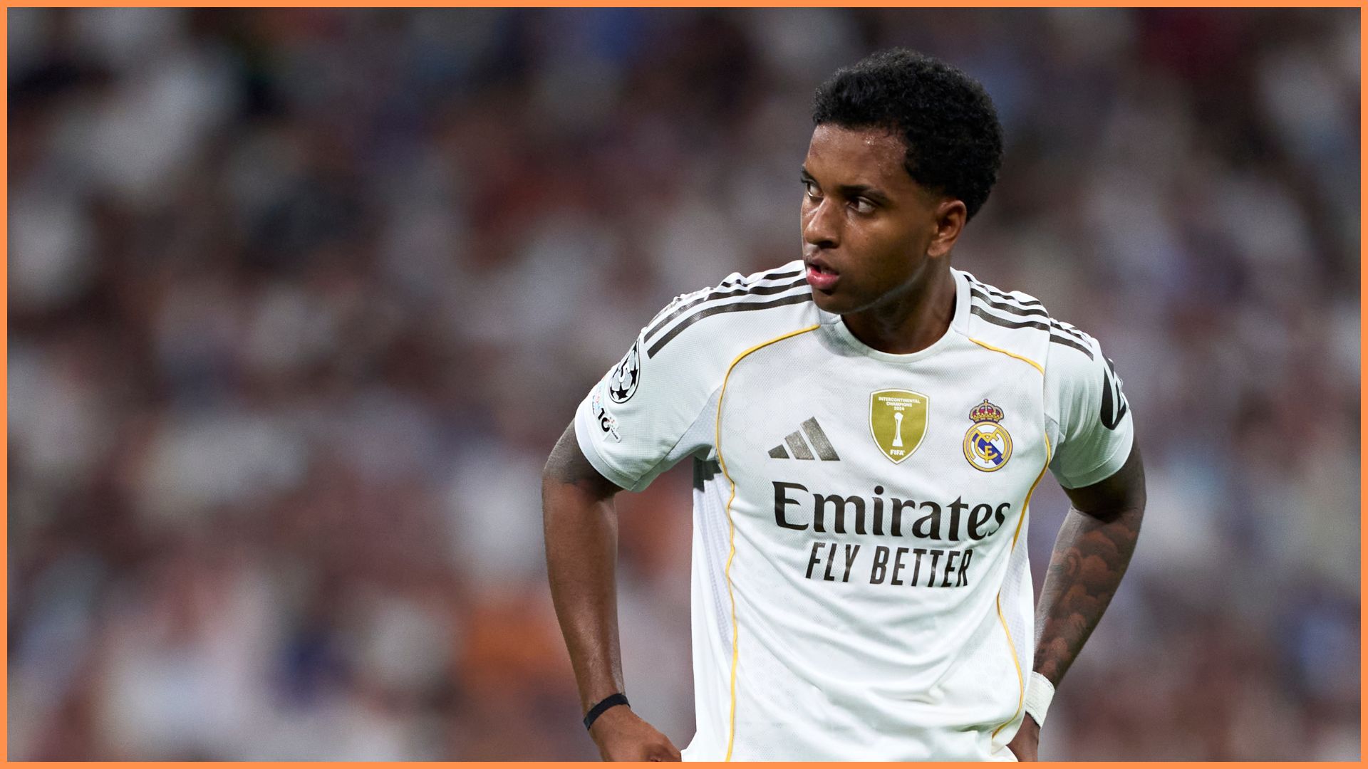 MADRID, SPAIN - SEPTEMBER 16: Rodrygo Goes of Real Madrid looks on during the UEFA Champions League 2025/26 League Phase MD1 match between Real Madrid C.F. and Olympique de Marseille at Estadio Santiago Bernabeu on September 16, 2025 in Madrid, Spain.