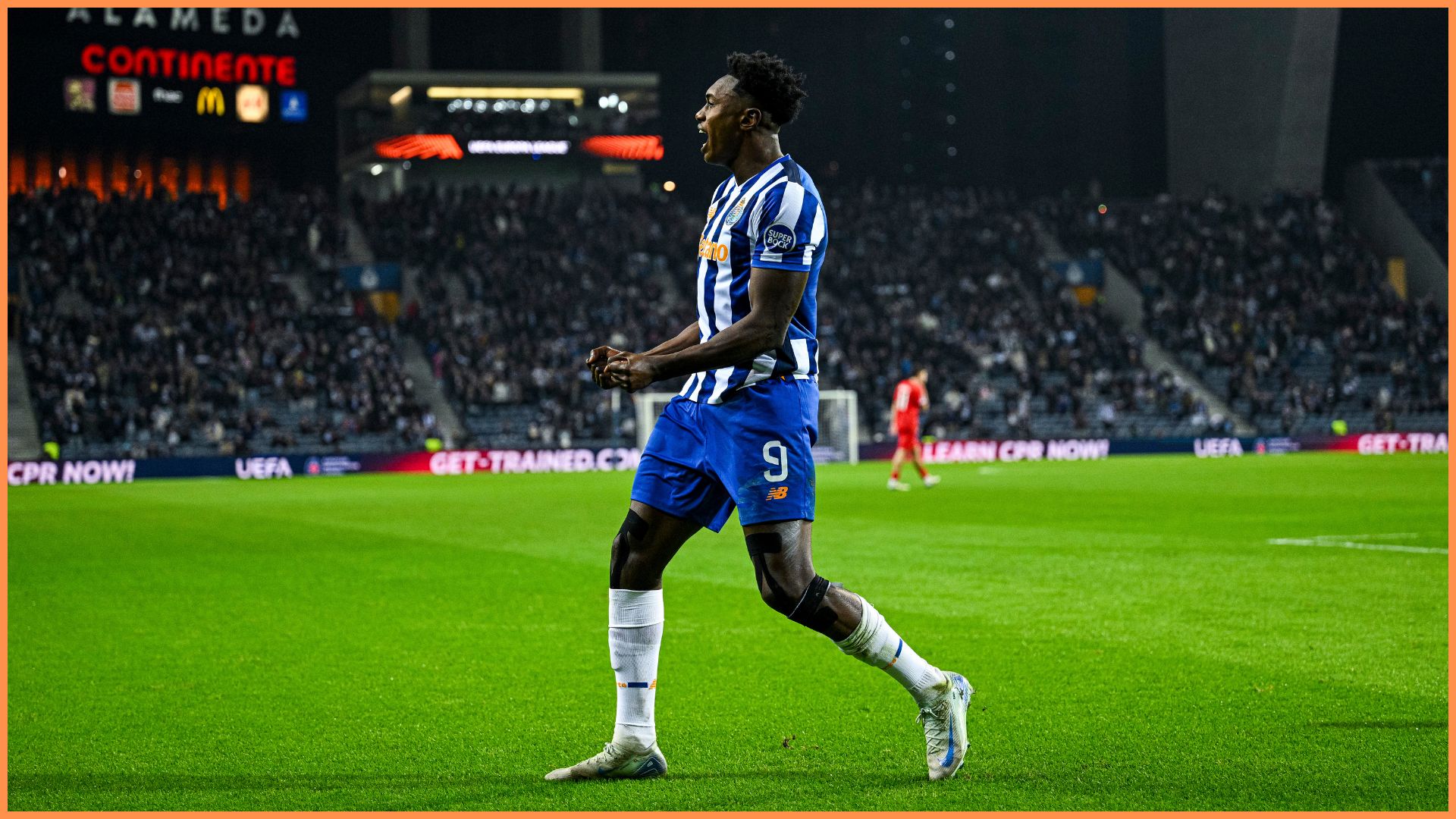 Samu Aghehowa of FC Porto celebrates his team second goal during the UEFA Europa League 2024/25 League Phase MD6 match between FC Porto and FC Midtjylland at Estadio do Dragao.