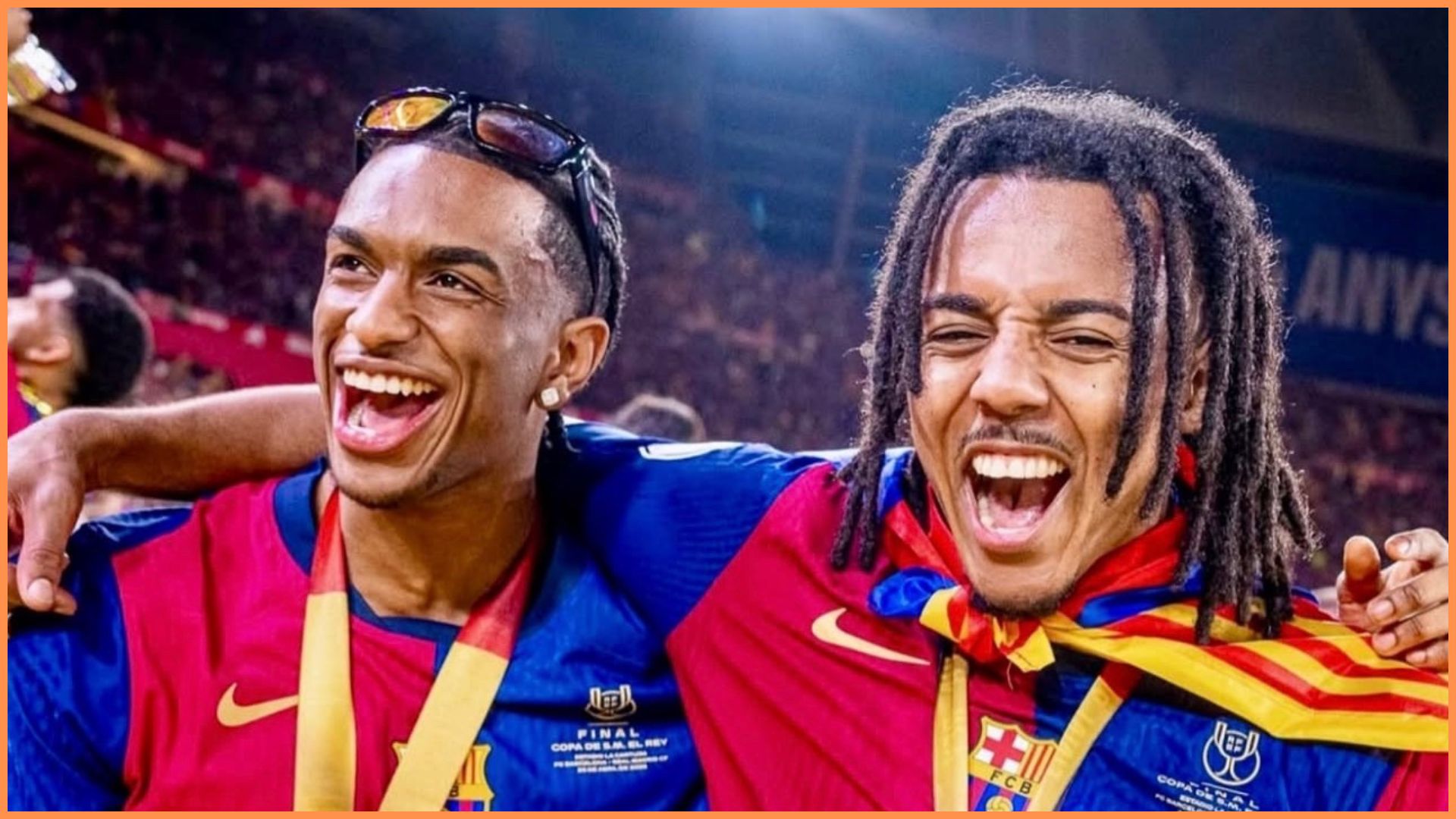 Barcelona defenders Alejandro Balde and Jules Kounde celebrating after winning Copa Del Rey.