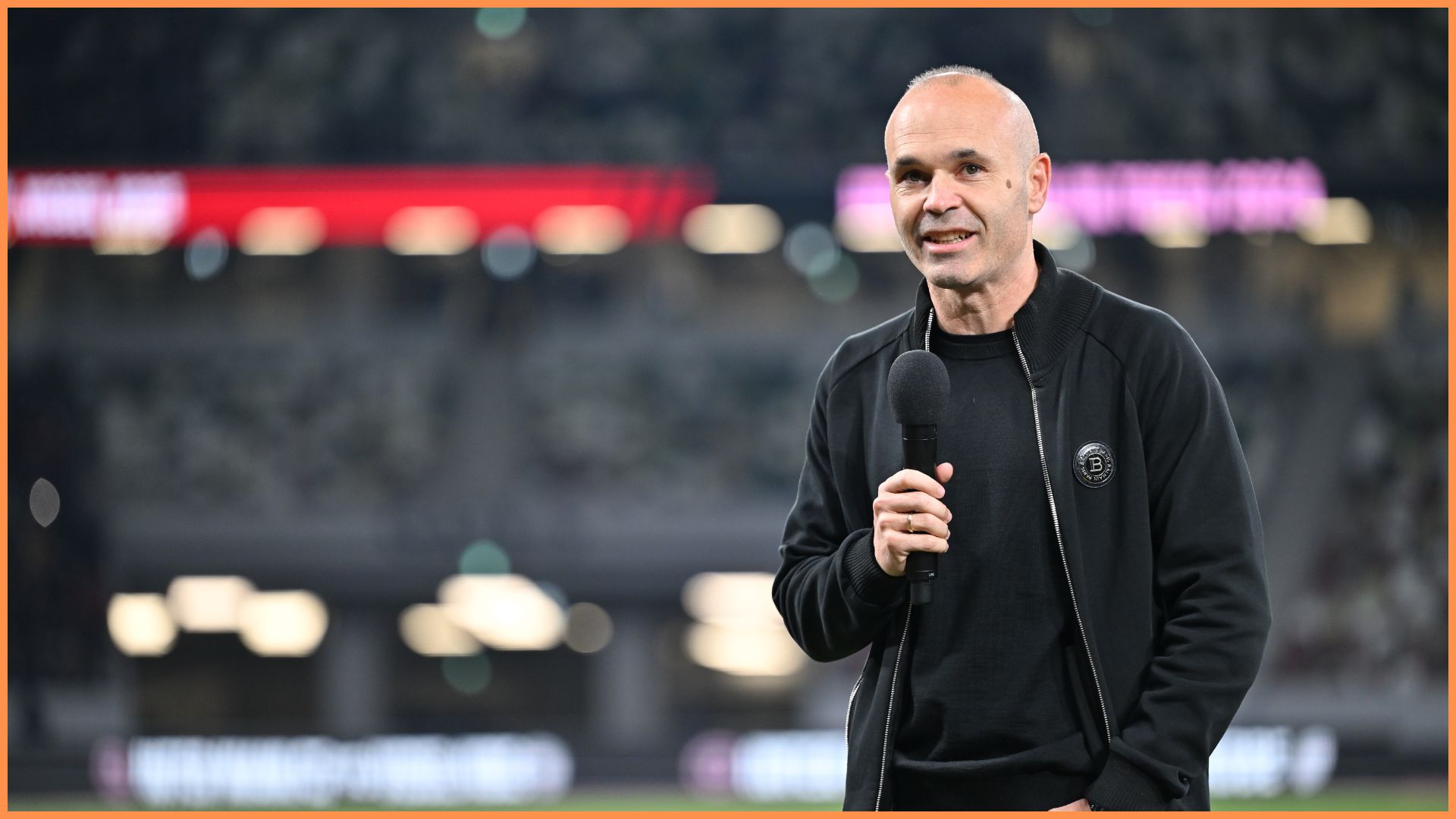 TOKYO, JAPAN - FEBRUARY 07: Andres Iniesta speaks to prior to the preseason friendly match between Vissel Kobe and Inter Miami at National Stadium on February 07, 2024 in Tokyo, Japan.