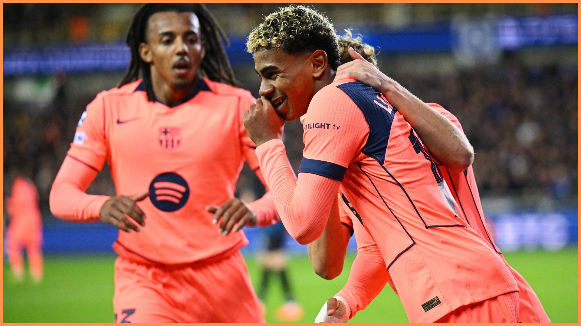 BRUGES, BELGIUM - NOVEMBER 05: Lamine Yamal of FC Barcelona celebrates scoring his team's second goal with teammates during the UEFA Champions League 2025/26 League Phase MD4 match between Club Brugge KV and FC Barcelona at Jan Breydelstadion on November 05, 2025 in Bruges, Belgium.