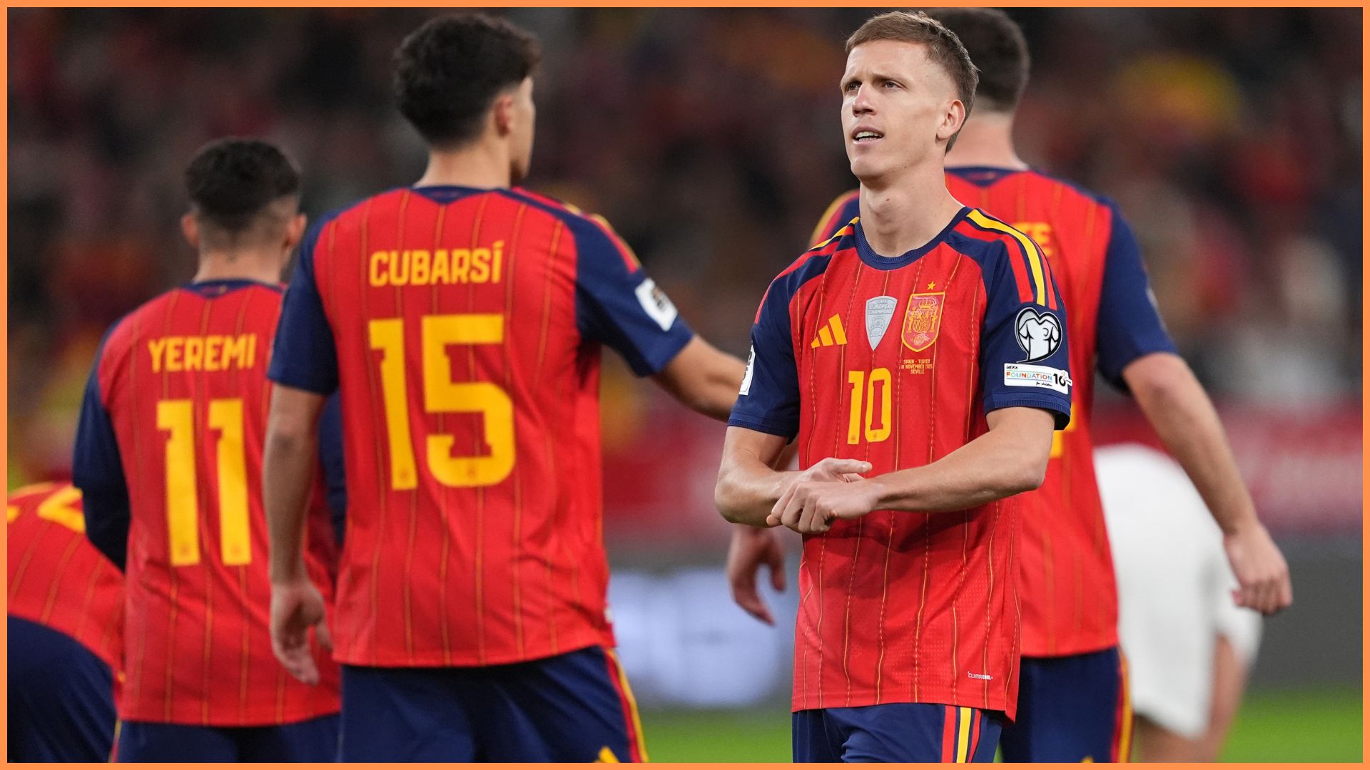 SEVILLE, SPAIN - NOVEMBER 18: Dani Olmo of Spain celebrates scoring his team's first goal during the FIFA World Cup 2026 qualifier match between Spain and Türkiye at Estadio de La Cartuja on November 18, 2025 in Seville, Spain.