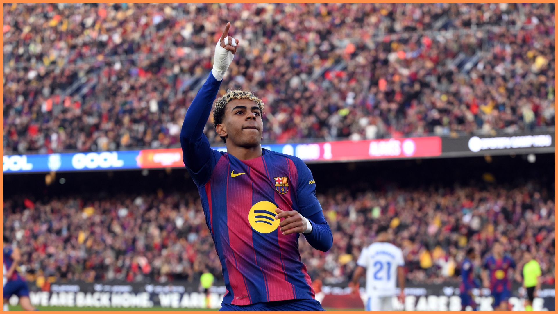 BARCELONA, SPAIN - NOVEMBER 29: Lamine Yamal of FC Barcelona celebrates scoring his team's first goal during the LaLiga EA Sports match between FC Barcelona and Deportivo Alaves at Spotify Camp Nou on November 29, 2025 in Barcelona, Spain.