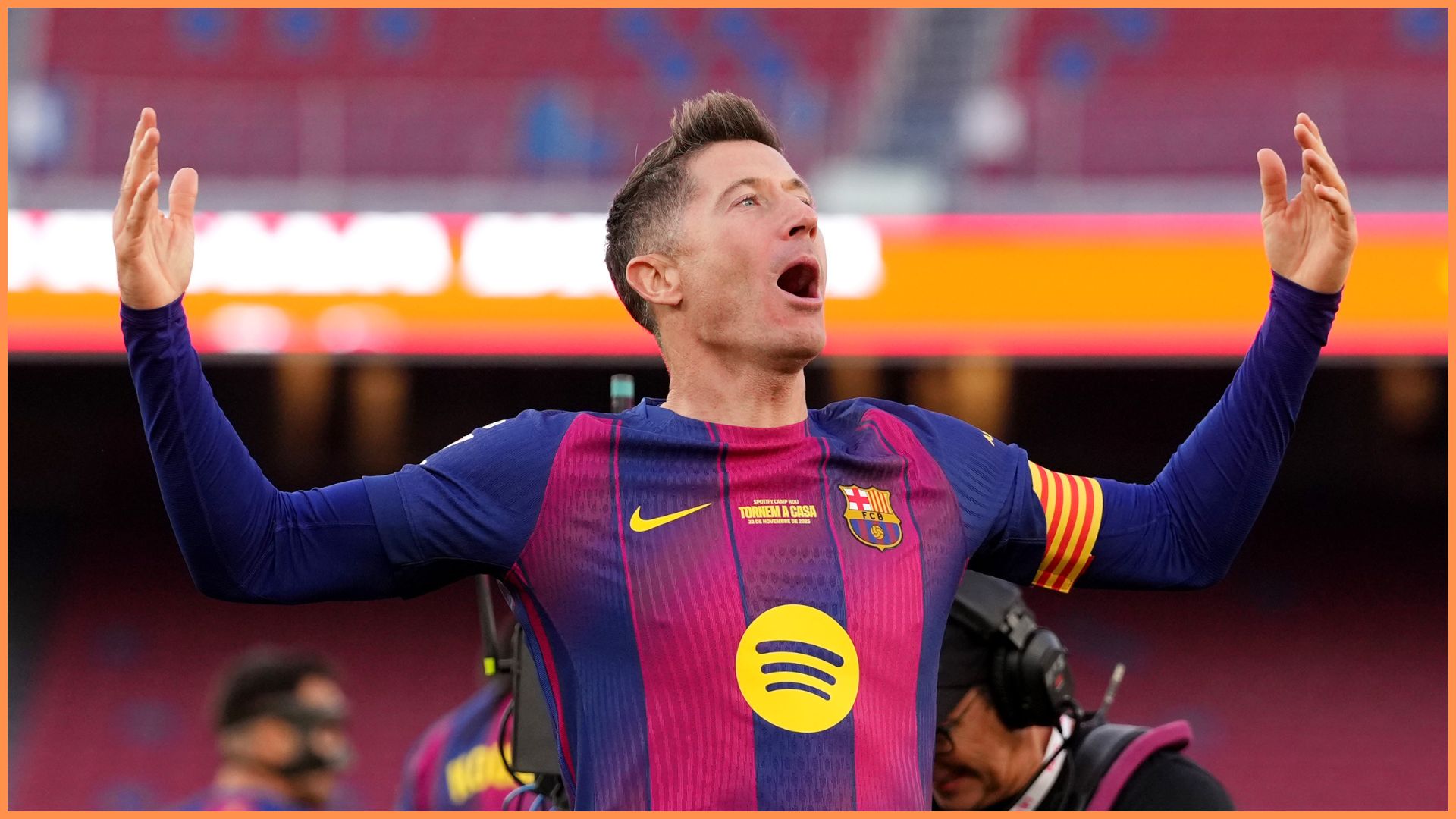 BARCELONA, SPAIN - NOVEMBER 22: Robert Lewandowski of FC Barcelona celebrates scoring his team's first goal during the LaLiga EA Sports match between FC Barcelona and Athletic Club at Spotify Camp Nou on November 22, 2025 in Barcelona, Spain.