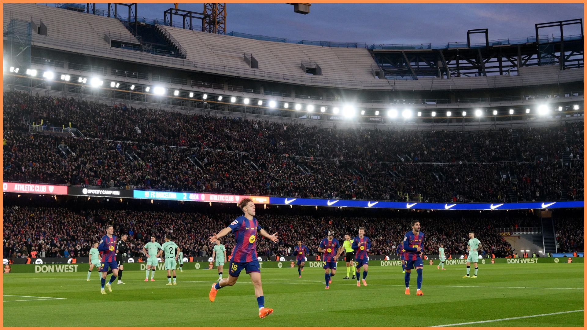BARCELONA, SPAIN - NOVEMBER 22: Fermin Lopez of FC Barcelona celebrates scoring his team's third goal during the LaLiga EA Sports match between FC Barcelona and Athletic Club at Spotify Camp Nou on November 22, 2025 in Barcelona, Spain.