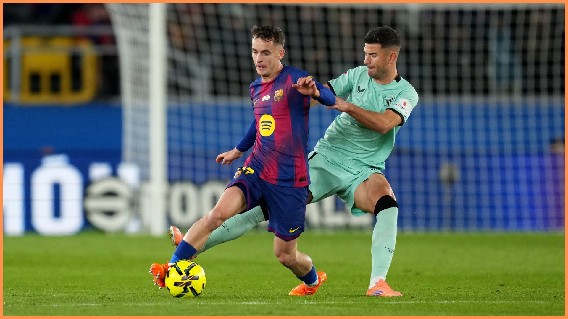 BARCELONA, SPAIN - NOVEMBER 22: Marc Casado of FC Barcelona is put under pressure by Gorka Guruzeta of Athletic Club during the LaLiga EA Sports match between FC Barcelona and Athletic Club at Spotify Camp Nou on November 22, 2025 in Barcelona, Spain.