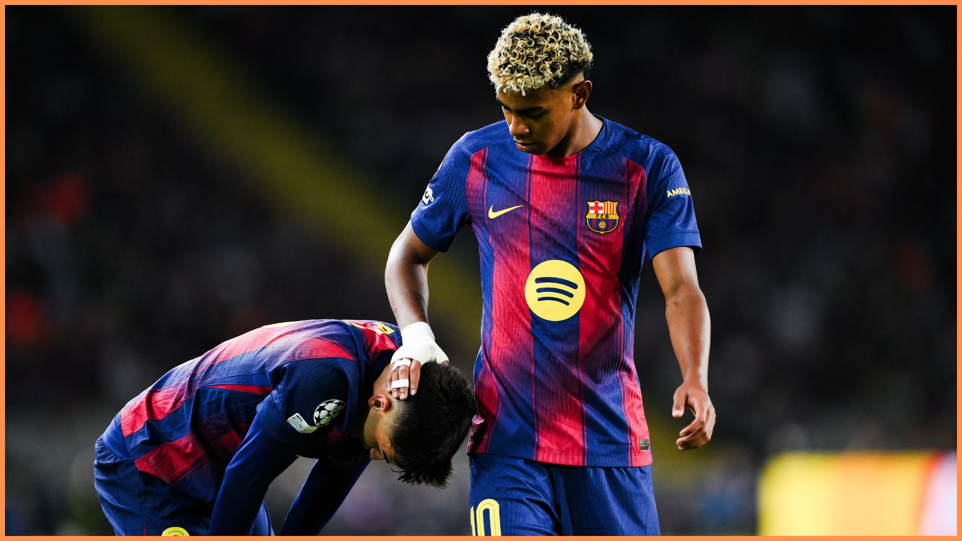 BARCELONA, SPAIN - OCTOBER 01: Lamine Yamal of FC Barcelona comforts his team mate Pedri of FC Barcelona during the UEFA Champions League 2025/26 League Phase MD2 match between FC Barcelona and Paris Saint-Germain at Estadi Olimpic Lluis Companys on October 01, 2025 in Barcelona, Spain.