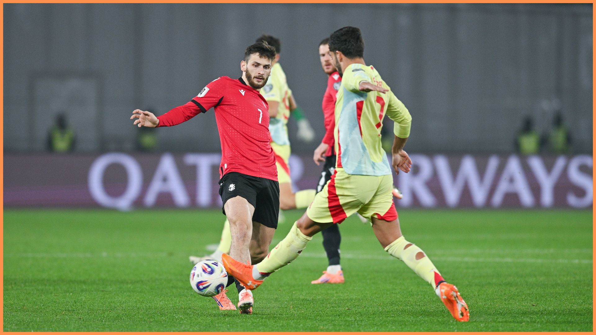 TBILISI, GEORGIA - NOVEMBER 15: Khvicha Kvaratskhelia, the captain of Georgia, in action against Ferran Torres of Spain during the FIFA World Cup 2026 qualifier match between Georgia and Spain at Dinamo Arena on November 15, 2025 in Tbilisi, Georgia.