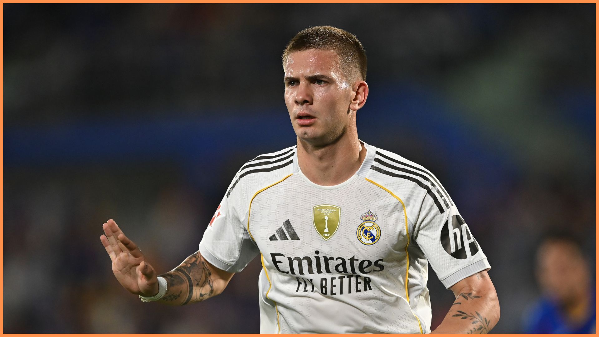 GETAFE, SPAIN - OCTOBER 19: Franco Mastantuono of Real Madrid reacts during the LaLiga EA Sports match between Getafe CF and Real Madrid CF at Coliseum Alfonso Perez on October 19, 2025 in Getafe, Spain.