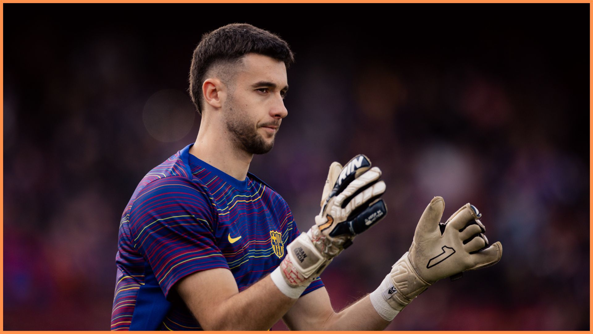 BARCELONA, SPAIN - NOVEMBER 22: Joan Garcia of FC Barcelona gestures ahead of the Spanish league, La Liga EA Sports, football match played between FC Barcelona and Athletic Club at Spotify Camp Nou stadium on November 22, 2025 in Barcelona, Spain.