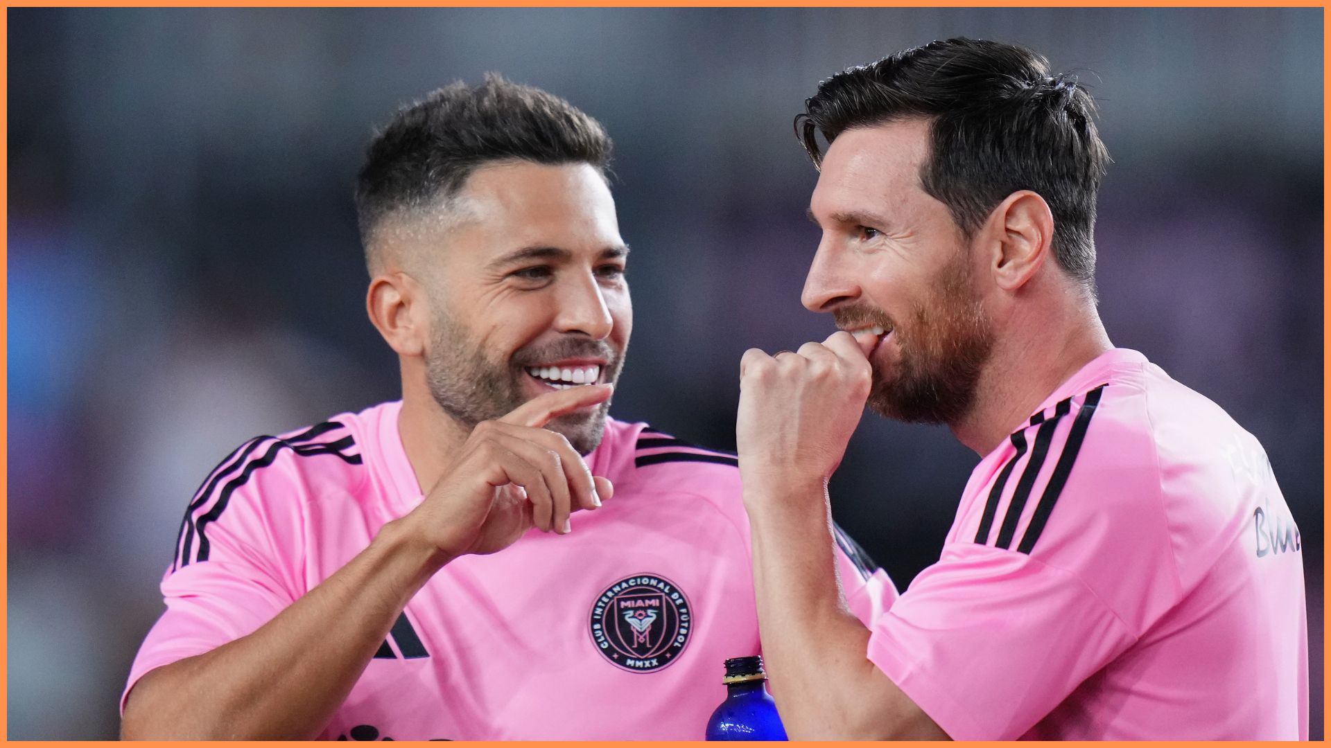 FORT LAUDERDALE, FLORIDA - OCTOBER 11: Lionel Messi #10 and Jordi Alba #18 of Inter Miami CF warm up prior to the MLS Inter Miami CF and Atlanta United at Chase Stadium on October 11, 2025 in Fort Lauderdale, Florida.