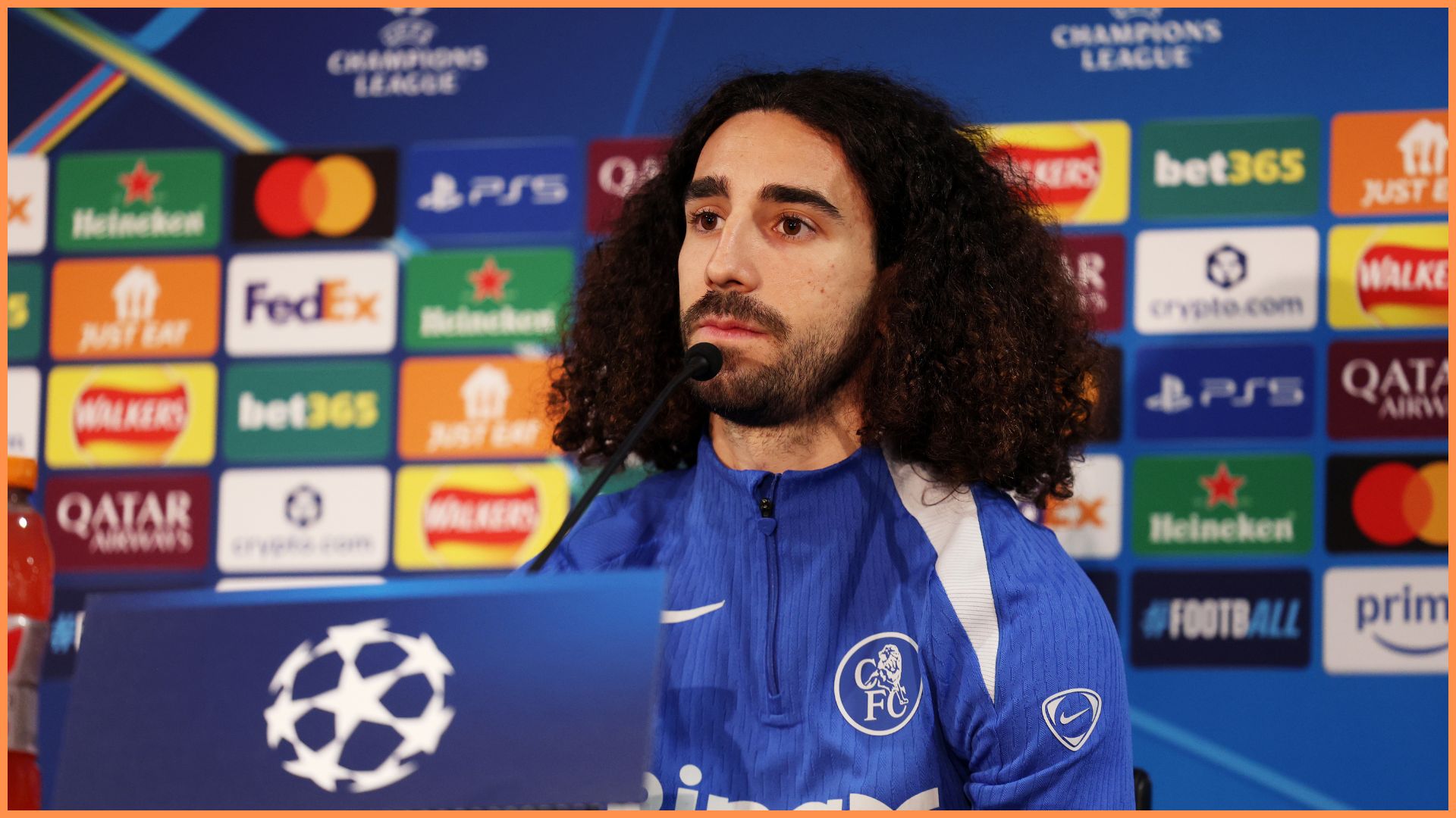 LONDON, ENGLAND - NOVEMBER 24: Marc Cucurella of Chelsea speaks to the media during a Chelsea Press Conference at Stamford Bridge on November 24, 2025 in London, England ahead of Chelsea vs FC Barcelona.