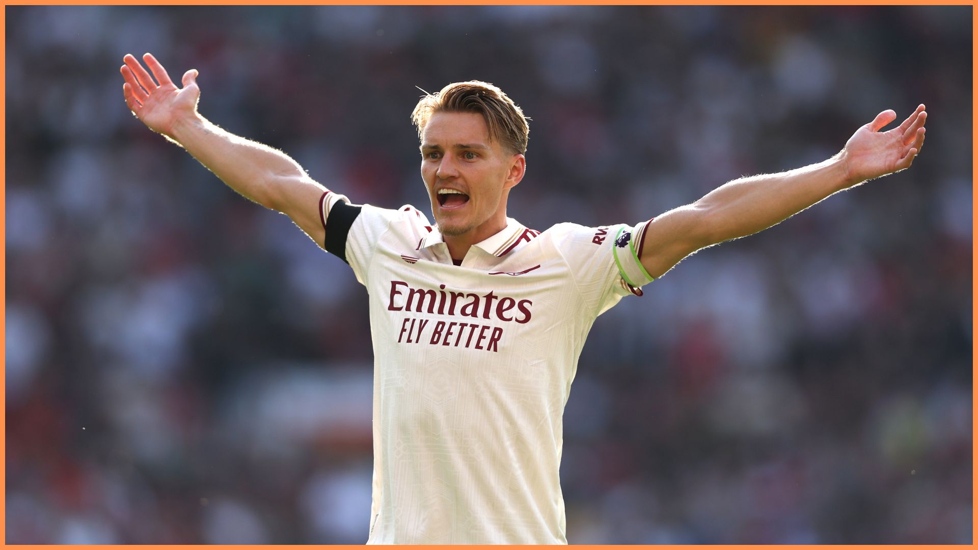 MANCHESTER, ENGLAND - AUGUST 17: Arsenal player Martin Odegaard reacts during the Premier League match between Manchester United and Arsenal at Old Trafford on August 17, 2025 in Manchester, England.