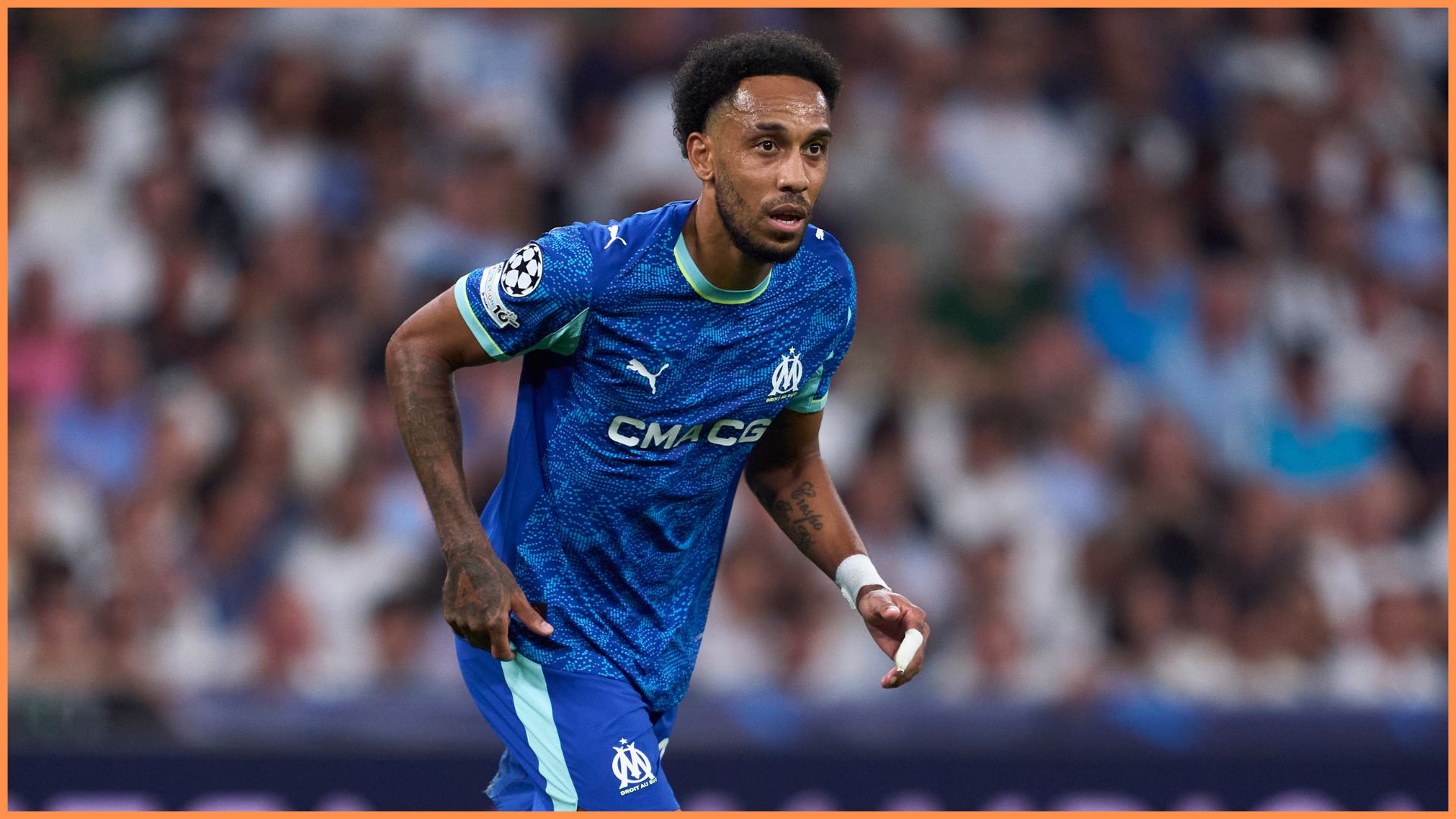 MADRID, SPAIN - SEPTEMBER 16: Pierre-Emerick Aubameyang of Olympique de Marseille looks on during the UEFA Champions League 2025/26 League Phase MD1 match between Real Madrid C.F. and Olympique de Marseille at Estadio Santiago Bernabeu on September 16, 2025 in Madrid, Spain.