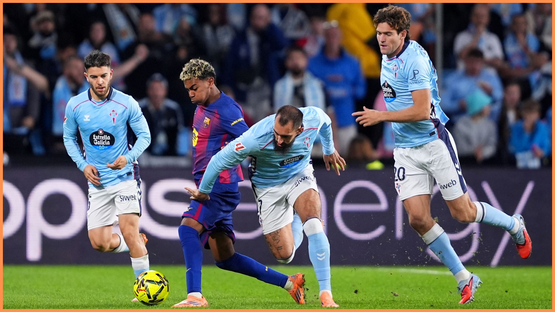 VIGO, SPAIN - NOVEMBER 09: Lamine Yamal of FC Barcelona runs with the ball whilst under pressure from Borja Iglesias of Celta Vigo during the LaLiga EA Sports match between RC Celta de Vigo and FC Barcelona at Estadio Abanca-Balaidos on November 09, 2025 in Vigo, Spain.