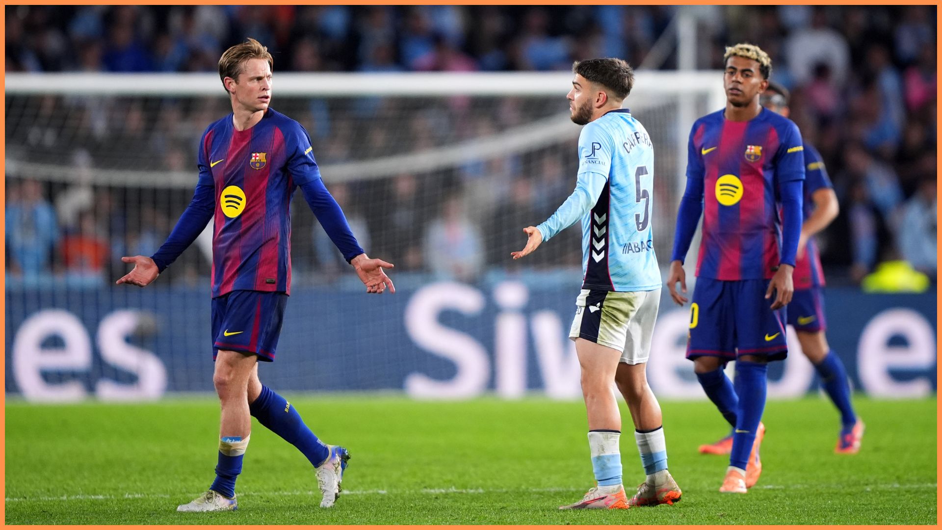 VIGO, SPAIN - NOVEMBER 09: Frenkie de Jong of FC Barcelona reacts towards Sergio Carreira of Celta Vigo after being shown a red card by match referee, Javier Alberola Rojas (not pictured) during the LaLiga EA Sports match between RC Celta de Vigo and FC Barcelona at Estadio Abanca-Balaidos on November 09, 2025 in Vigo, Spain.