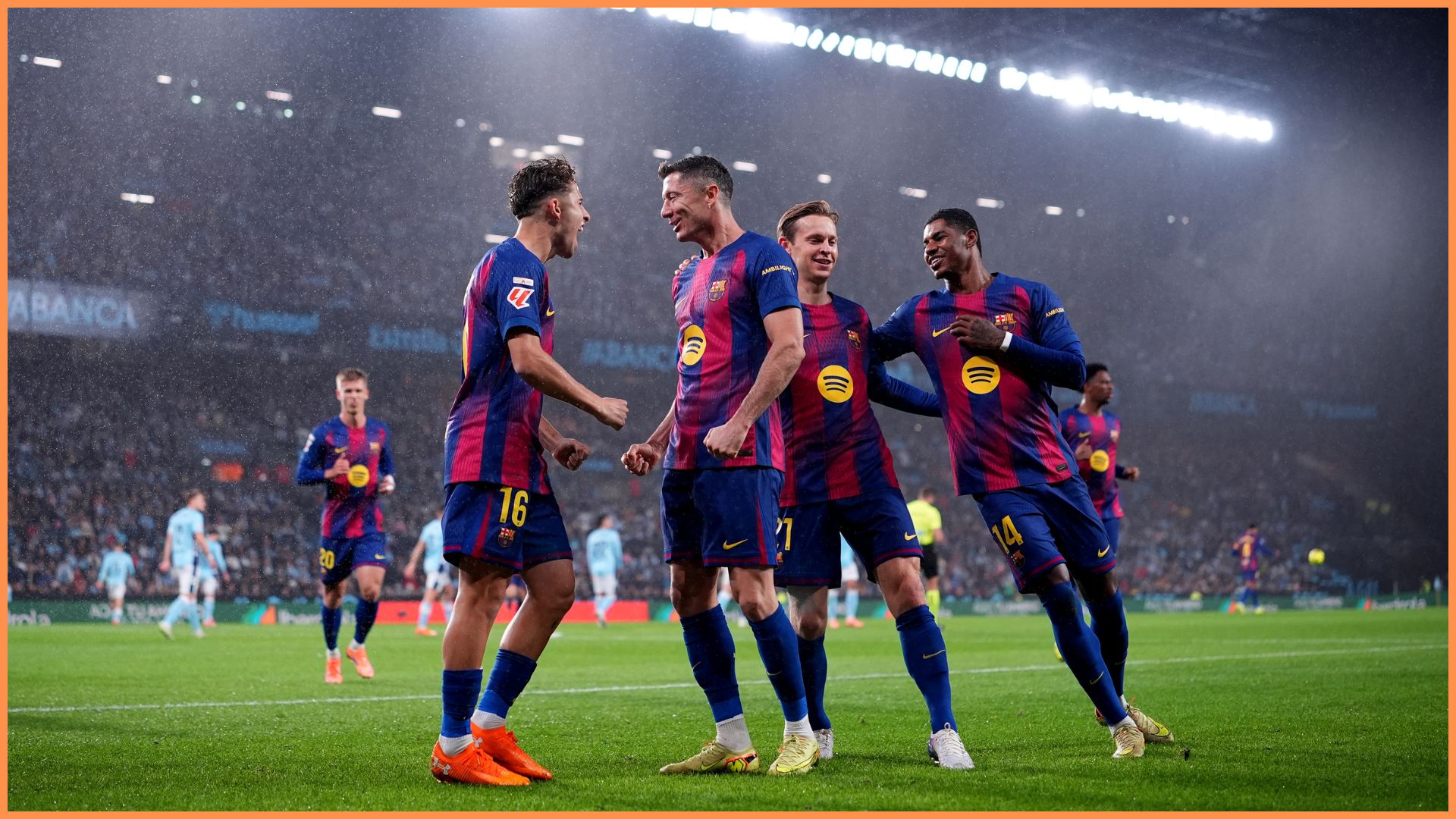 VIGO, SPAIN - NOVEMBER 09: Robert Lewandowski of FC Barcelona celebrates scoring his team's first goal with teammates during the LaLiga EA Sports match between RC Celta de Vigo and FC Barcelona at Estadio Abanca-Balaidos on November 09, 2025 in Vigo, Spain.