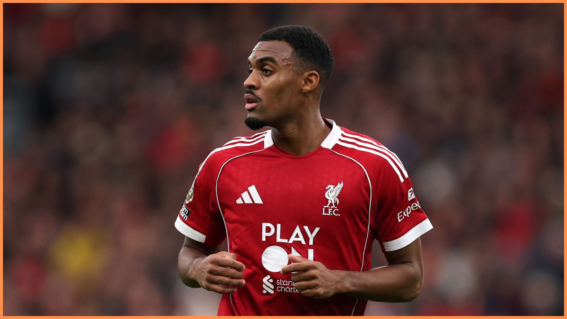 LIVERPOOL, ENGLAND - OCTOBER 19: Ryan Gravenberch of Liverpool looks on during the Premier League match between Liverpool and Manchester United at Anfield on October 19, 2025 in Liverpool, England.