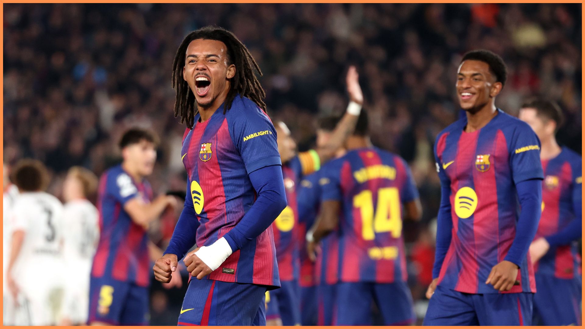 BARCELONA, SPAIN - DECEMBER 09: Jules Kounde of FC Barcelona celebrates scoring his team's second goal during the UEFA Champions League 2025/26 League Phase MD6 match between FC Barcelona and Eintracht Frankfurt at Camp Nou on December 09, 2025 in Barcelona, Spain.