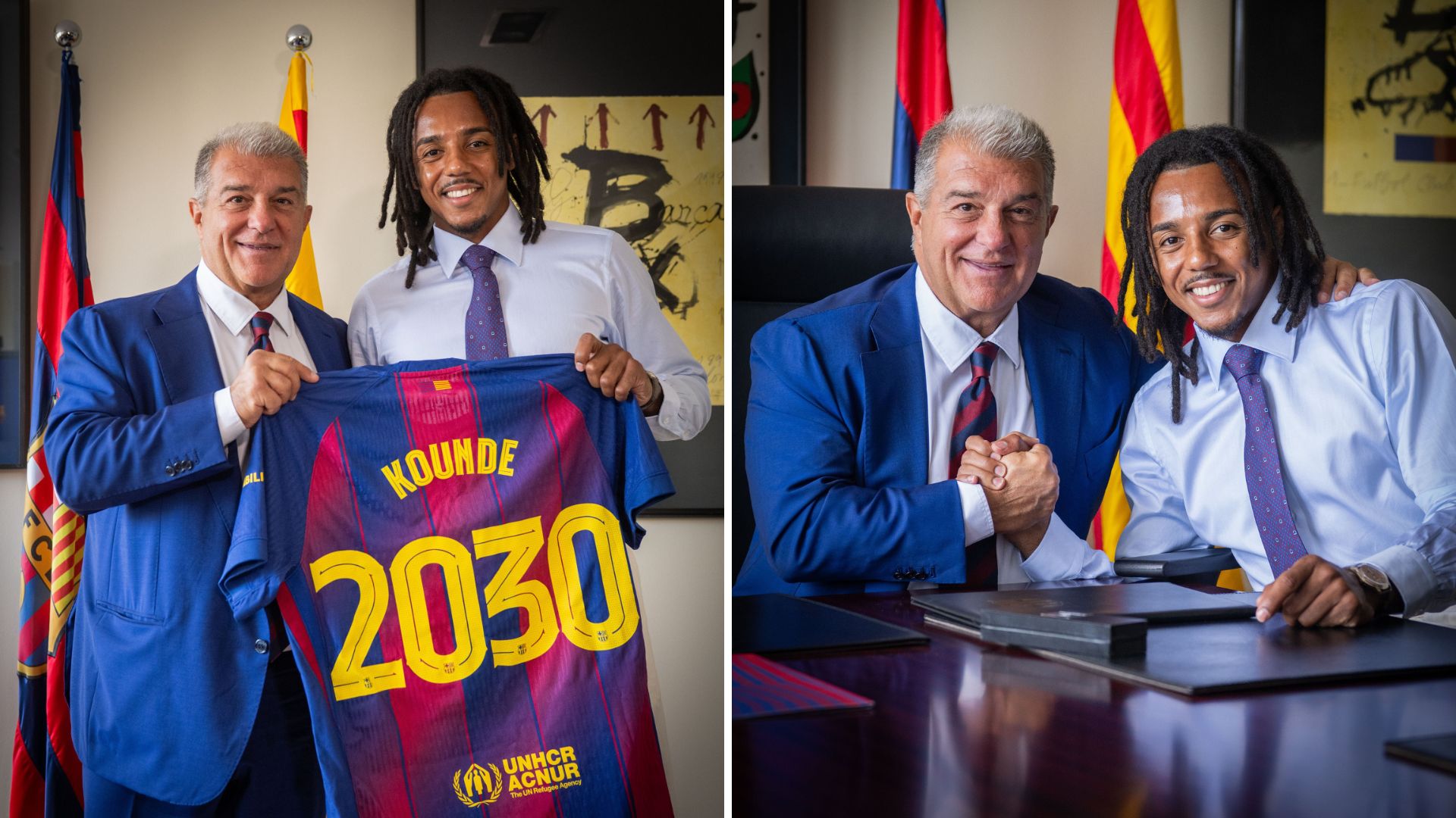 Jules Kounde posing with Barcelona president Joan Laporta after signing his contract renewal until 2030.
