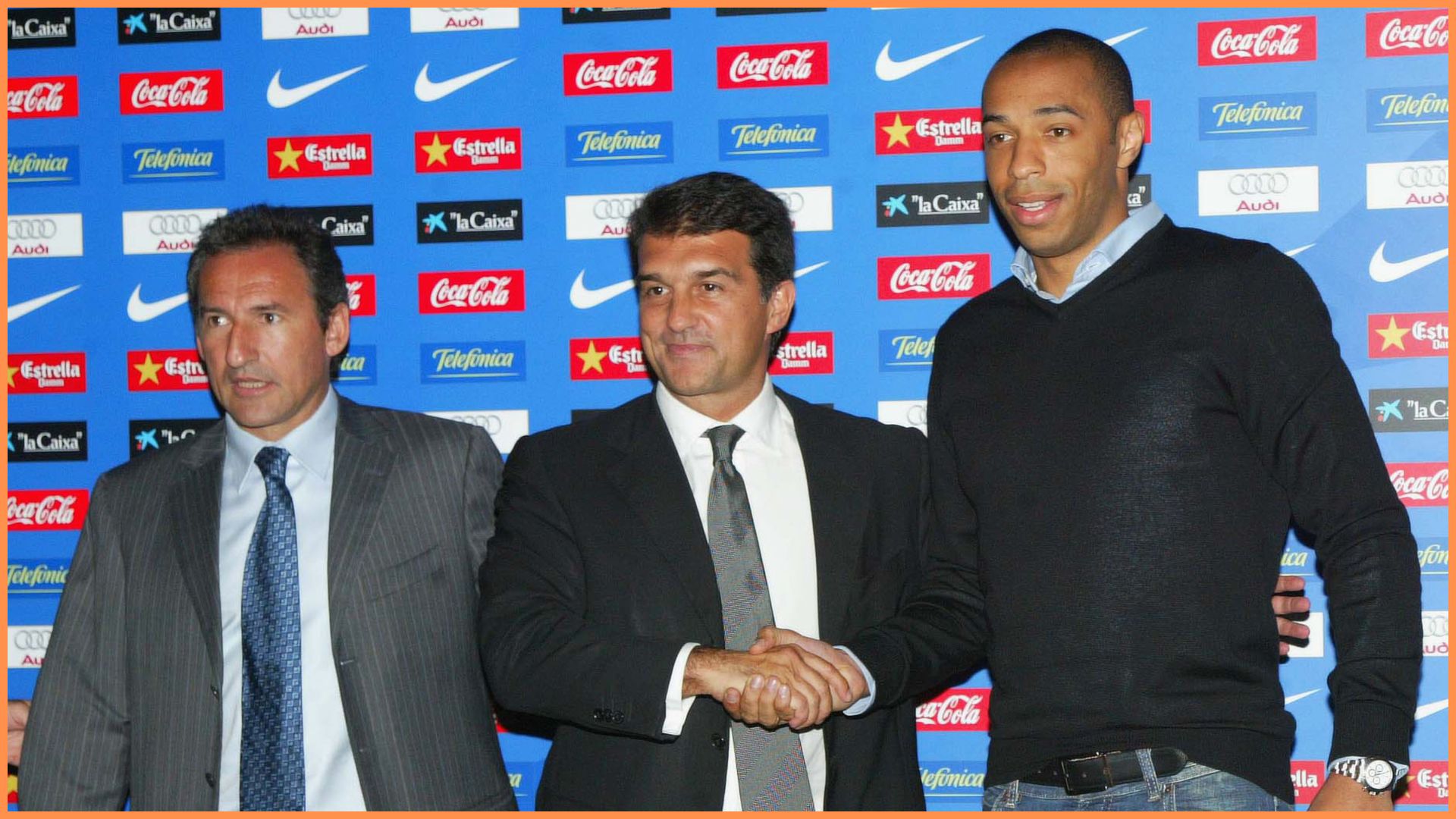 BARCELONA, SPAIN - JUNY 25: Thierry Henry, Joan Laporta and Txiki Beguiristain during the press conference with FC Barcelona, on Juny 24, 2007, in Barcelona, Spain.