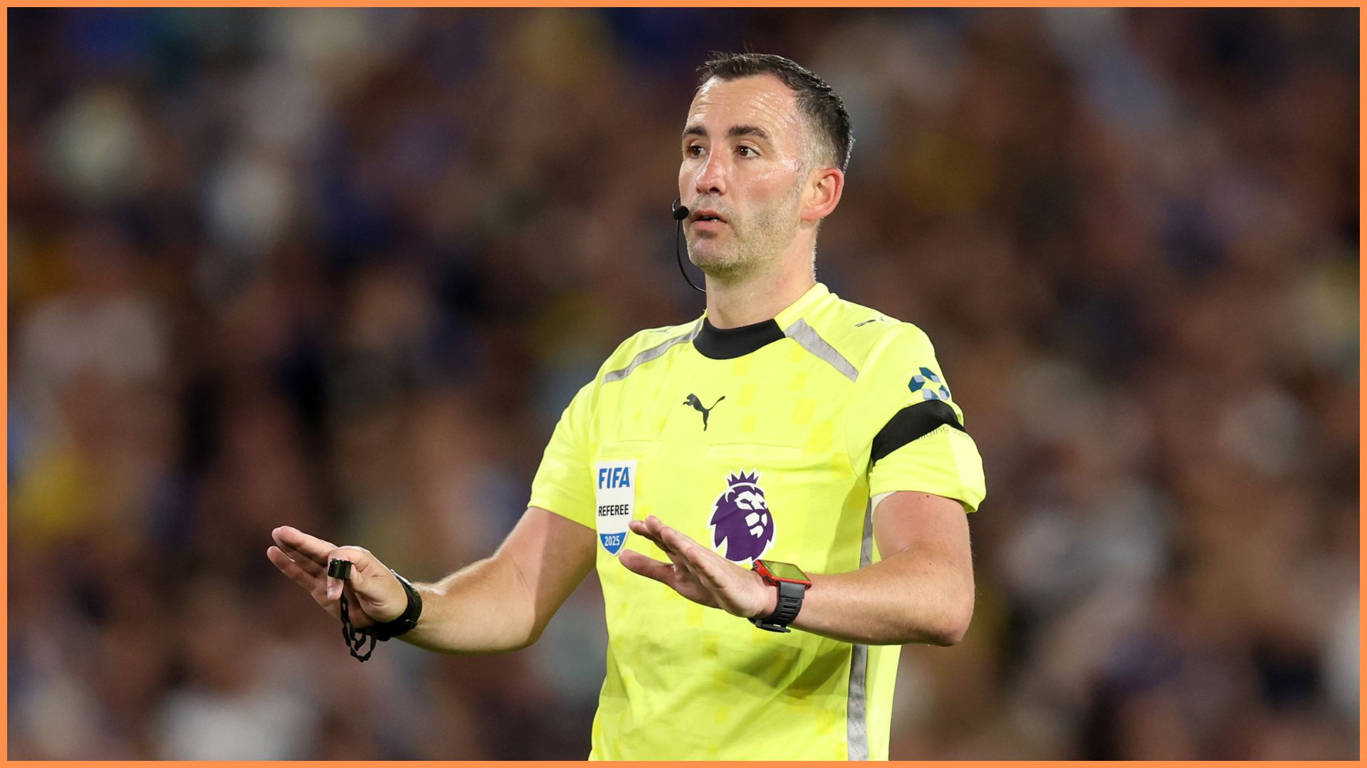 LEEDS, ENGLAND - AUGUST 18: Match Referee, Chris Kavanagh, gestures during the Premier League match between Leeds United and Everton at Elland Road on August 18, 2025 in Leeds, England.