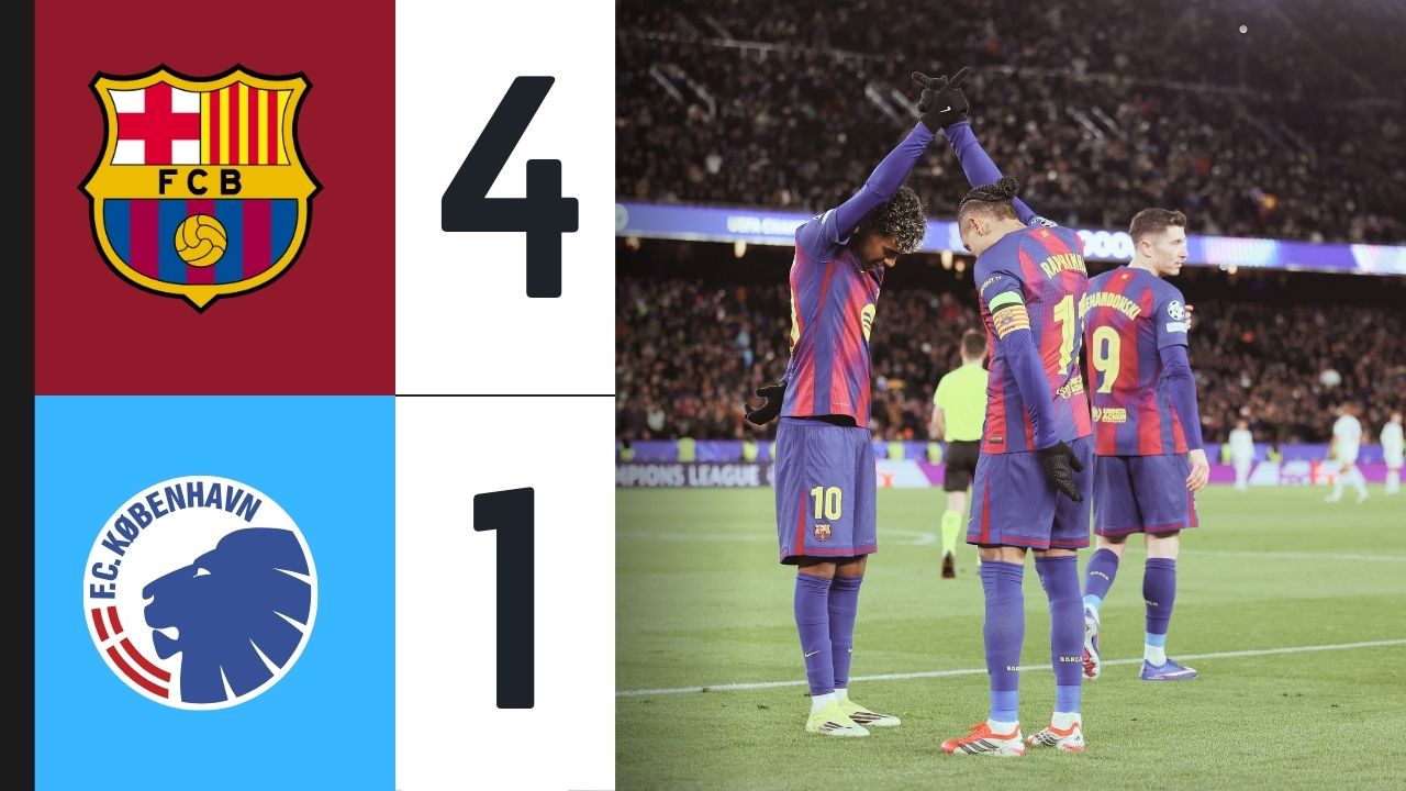 BARCELONA, SPAIN - JANUARY 28: Raphinha of FC Barcelona celebrates scoring his team's third goal from the penalty spot with teammate Lamine Yamal during the UEFA Champions League 2025/26 League Phase MD8 match between FC Barcelona and F.C. Copenhagen at Camp Nou on January 28, 2026 in Barcelona, Spain.