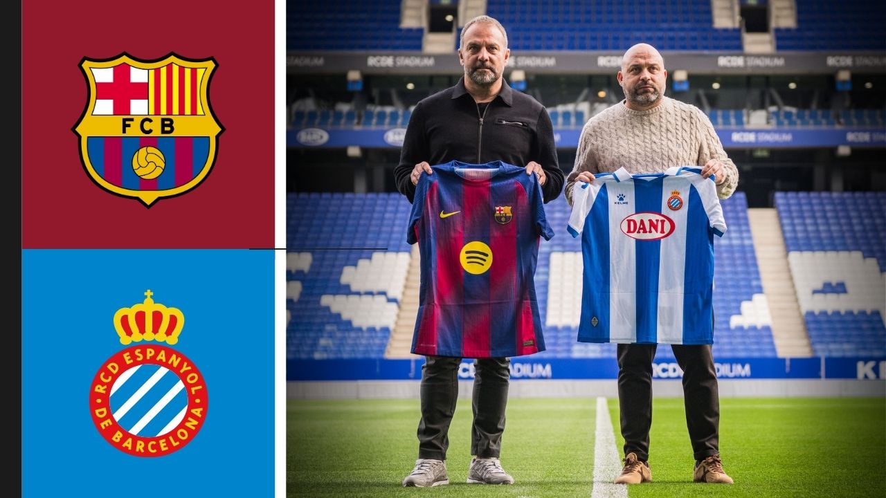 Hansi Flick with Manolo González ahead of RCD Espanyol vs FC Barcelona