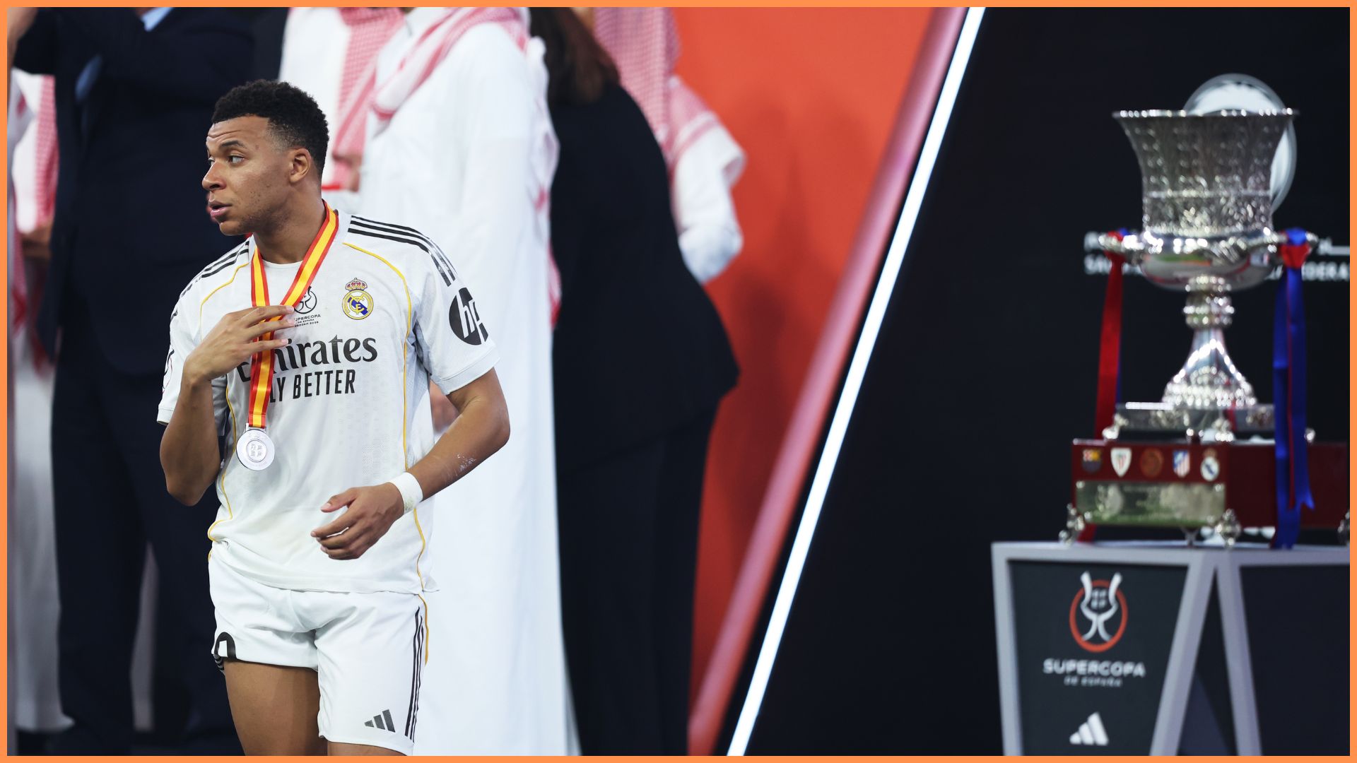 JEDDAH, SAUDI ARABIA - JANUARY 11: Kylian Mbappe of Real Madrid is pictured with their runners up medal walking away from the Spanish Super Cup following the Spanish Super Cup Final between FC Barcelona and Real Madrid at King Abdullah Sports City Hall Stadium on January 11, 2026 in Jeddah, Saudi Arabia.
